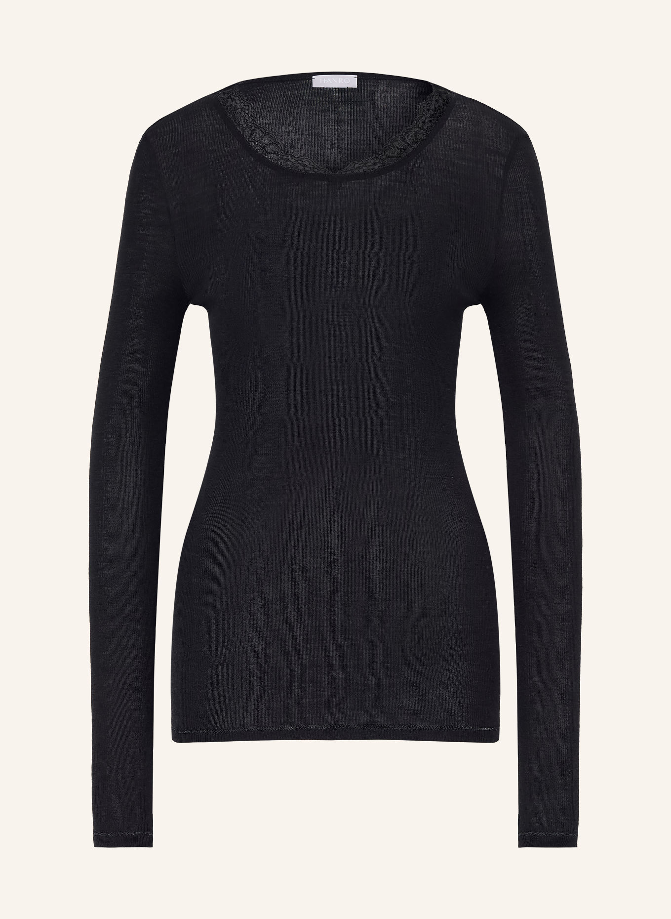 HANRO Koszulka do spania WOOLEN LACE z wełną merynosową i jedwabiem: CZARNY