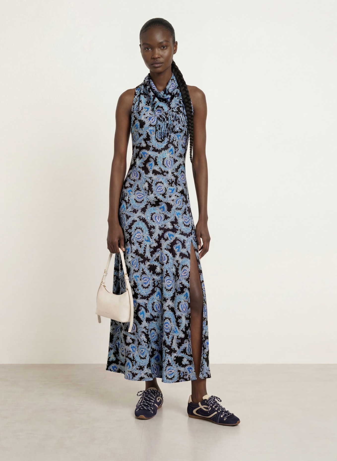 CLAUDIE PIERLOT Satinkleid: SCHWARZ / CREME / BLAU