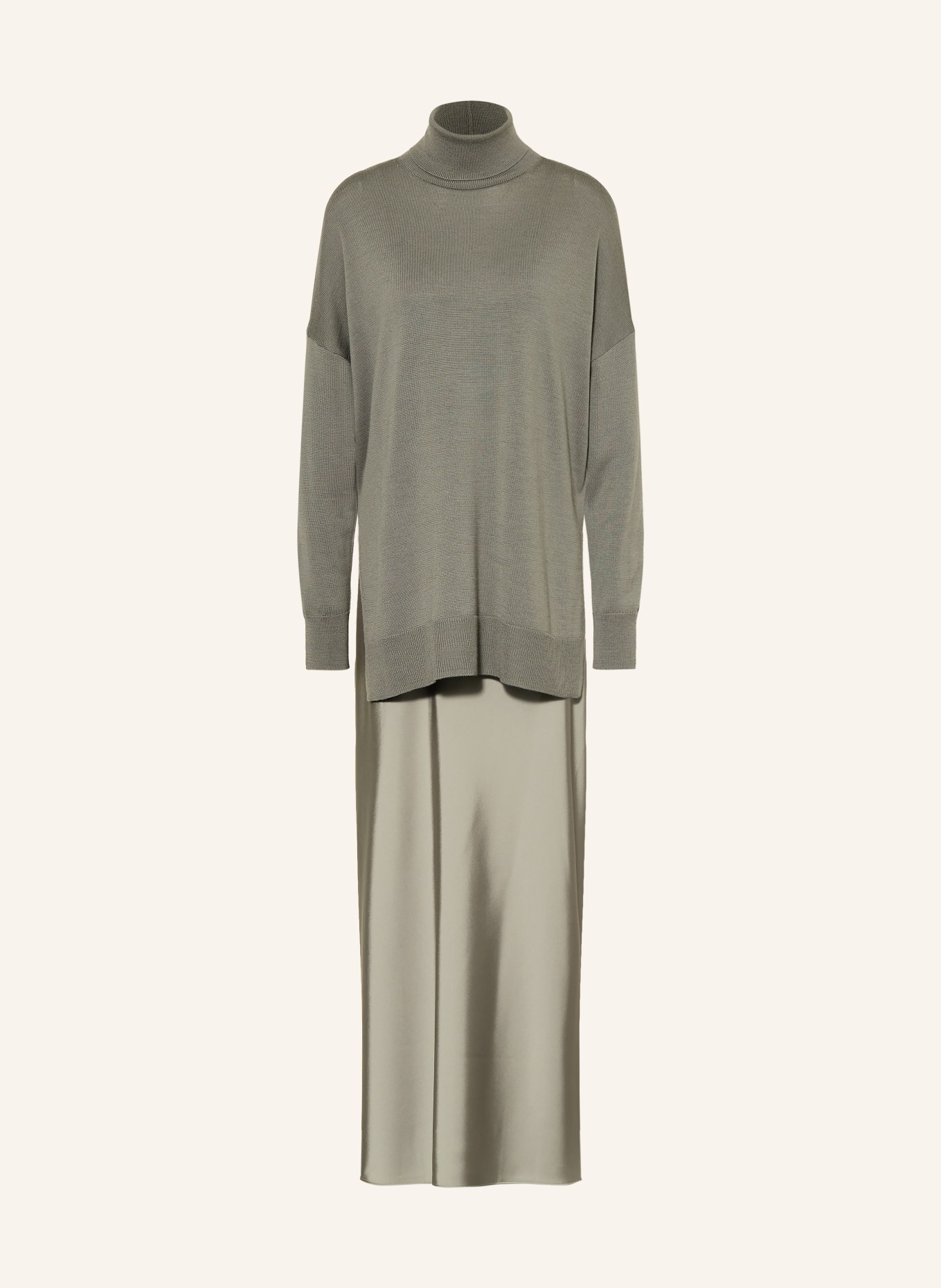 ALLSAINTS Set JUNO: rochie din satin și pulover cu guler înalt: KAKI