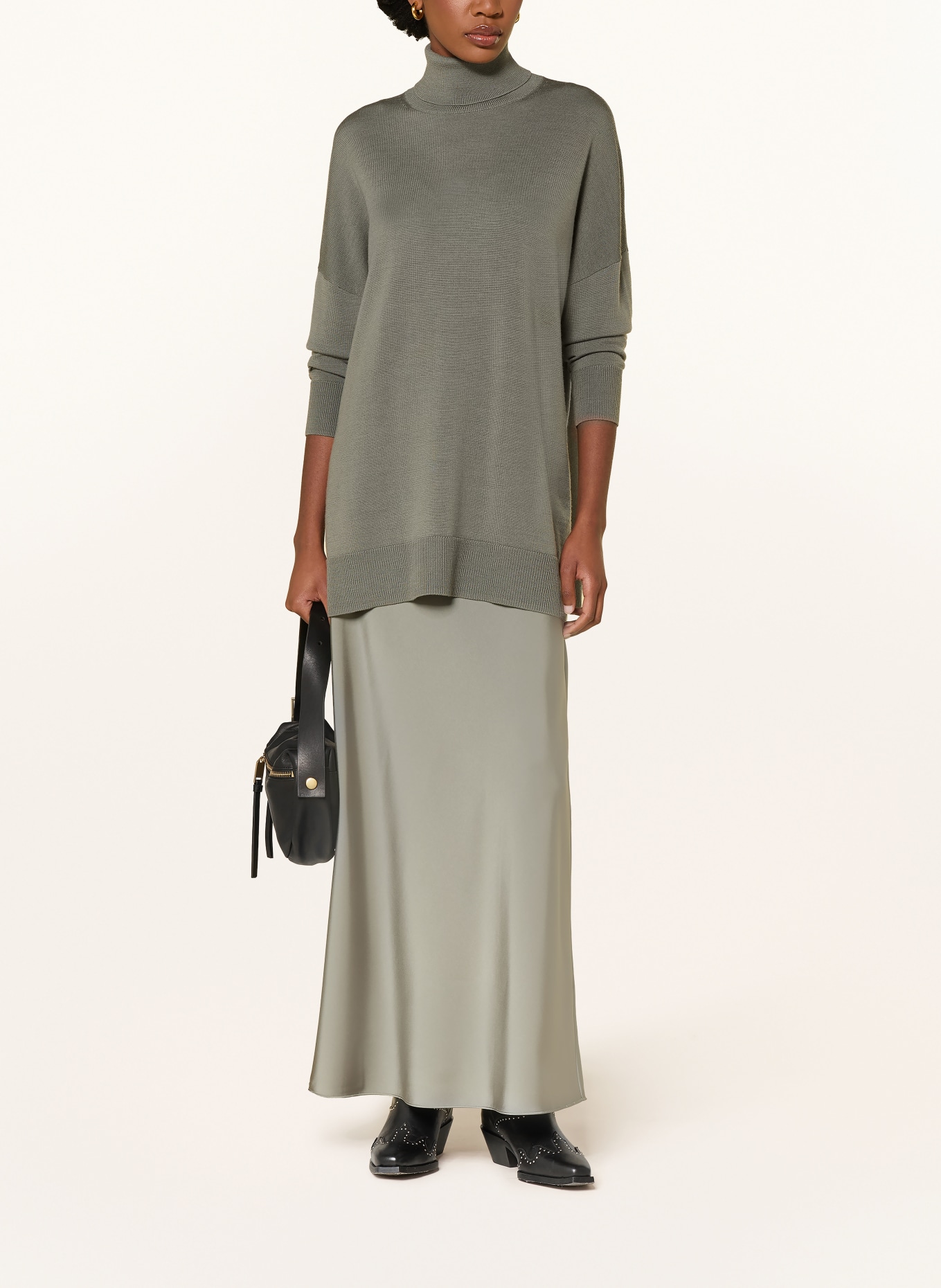 ALLSAINTS Set JUNO: rochie din satin și pulover cu guler înalt: KAKI