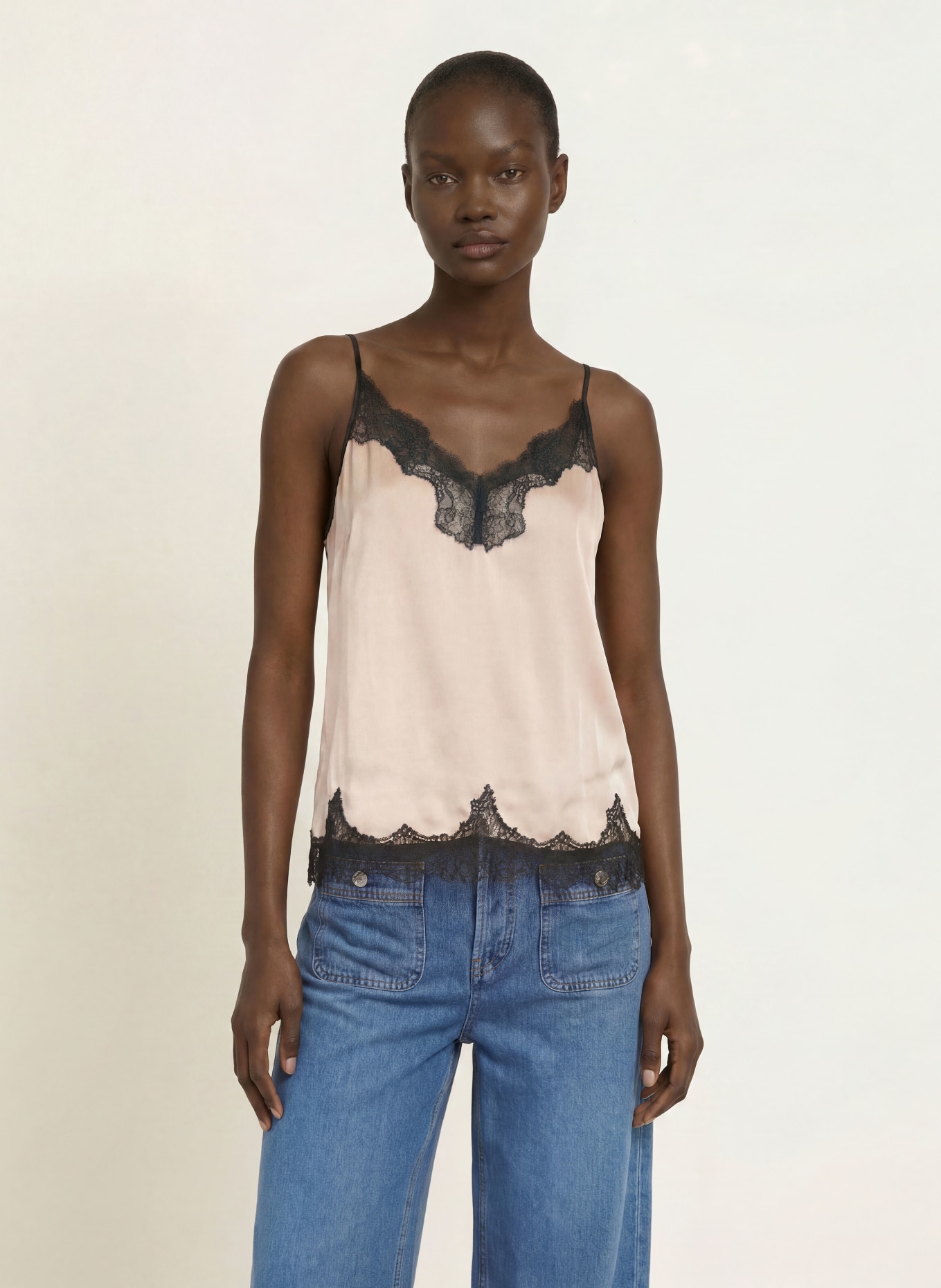 maje Satintop mit Spitze: BEIGE / SCHWARZ