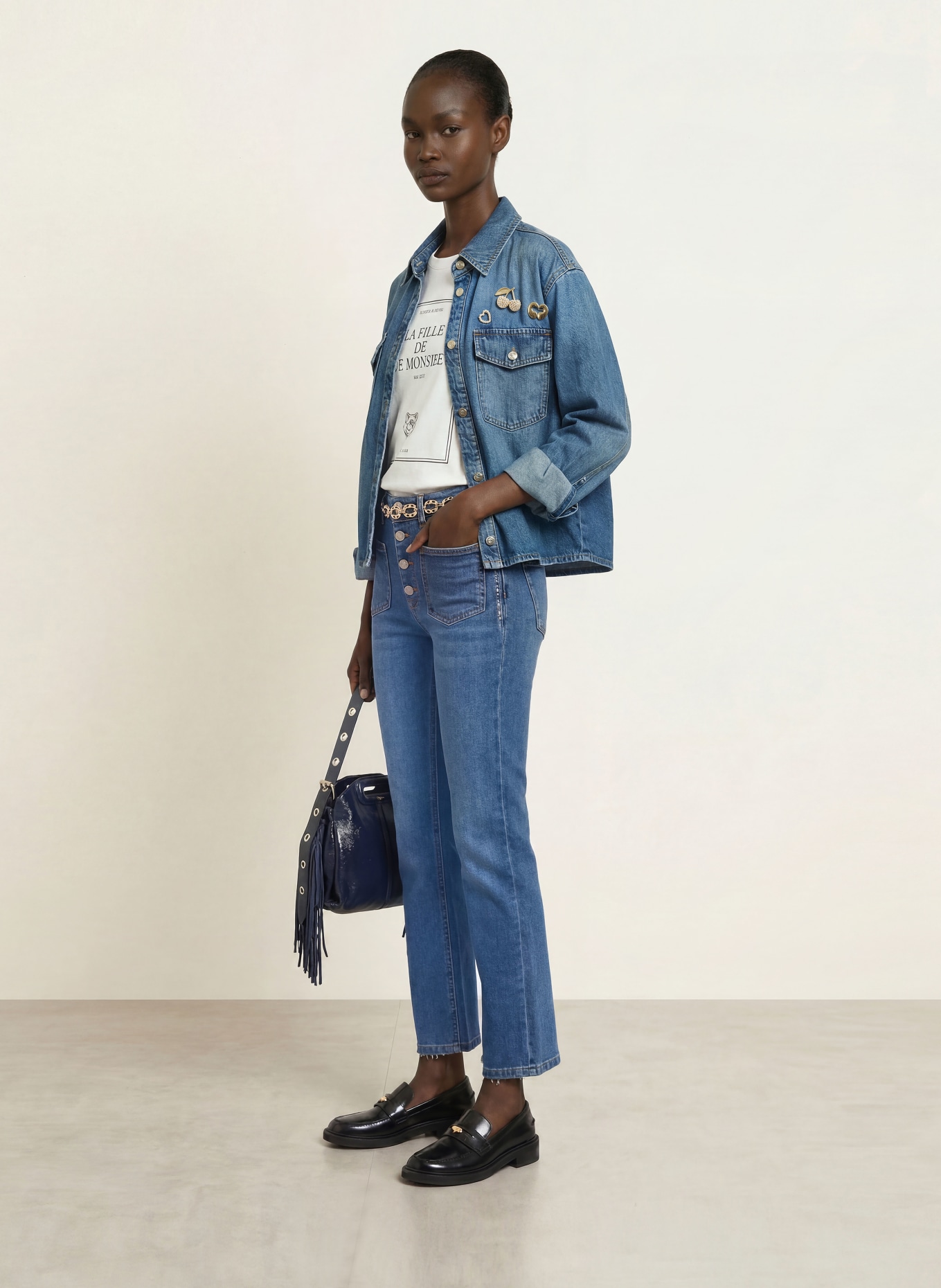maje Jeansjacke mit Schmucksteinen und Schmuckperlen: 0201 BLUE