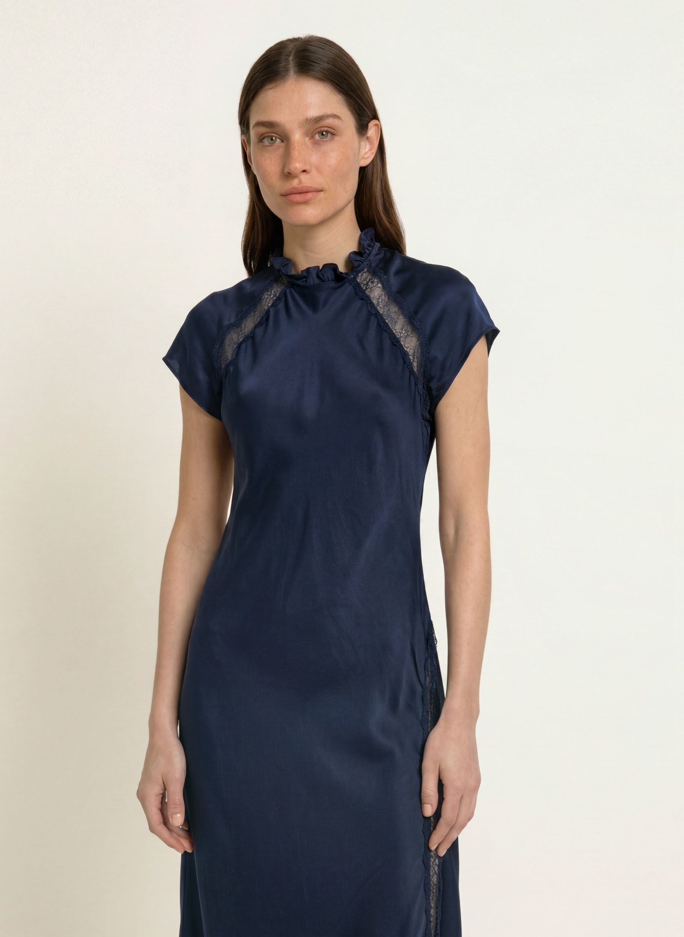 CLAUDIE PIERLOT Satinkleid mit Spitze: DUNKELBLAU