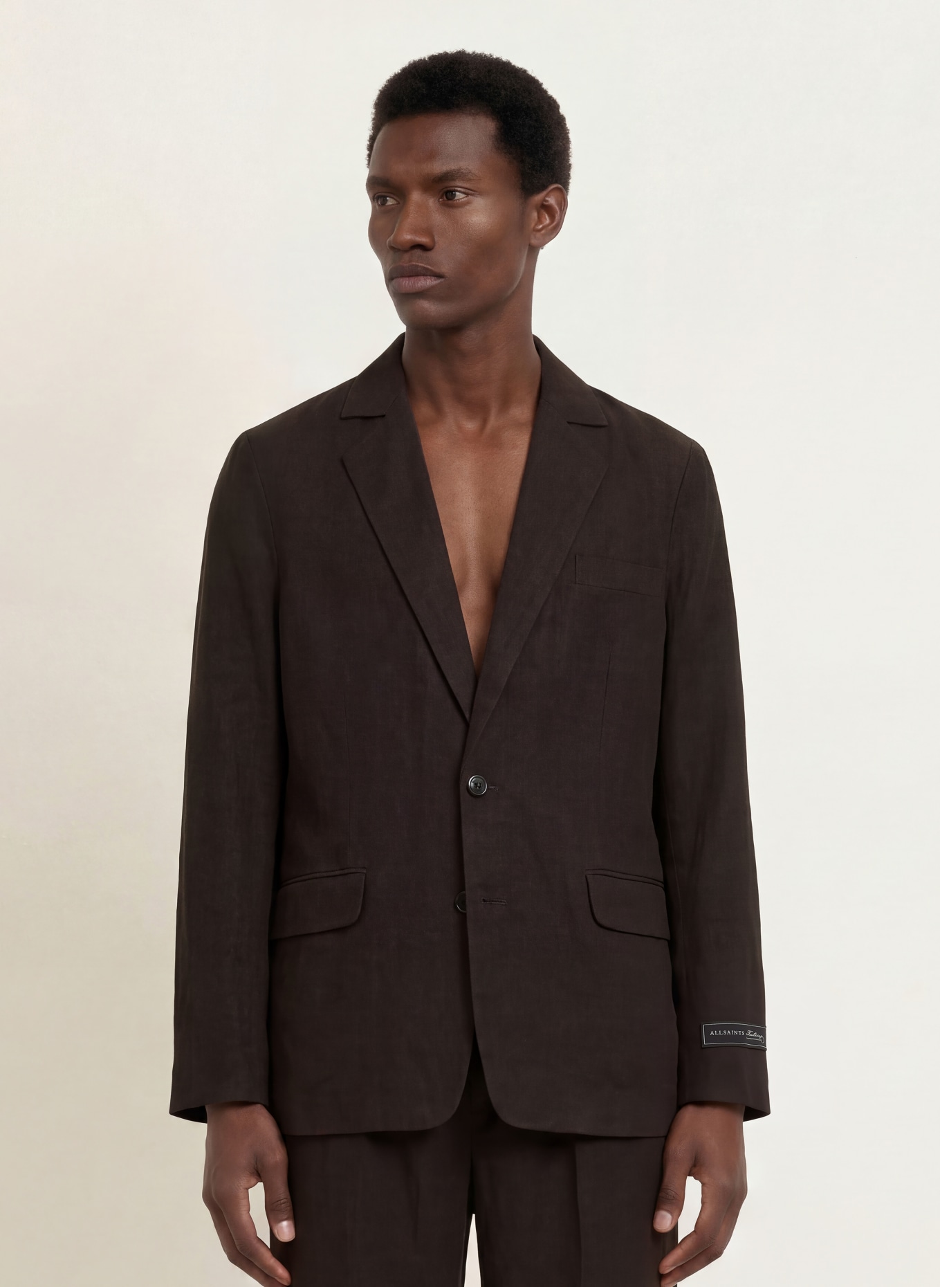 ALLSAINTS Veston MARKO coupe régulière en lin: MARRON FONCÉ
