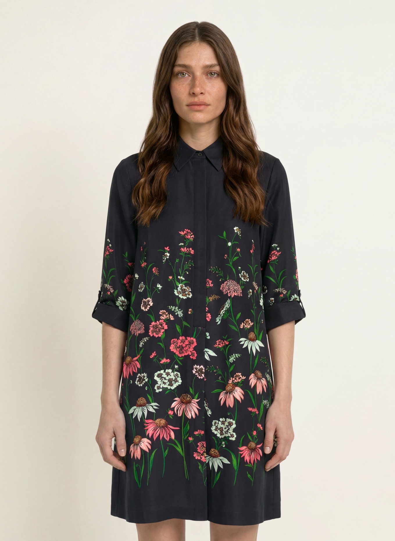 HOBBS Robe chemise MARCI à manches 3/4: NOIR / ROSE / GROEN