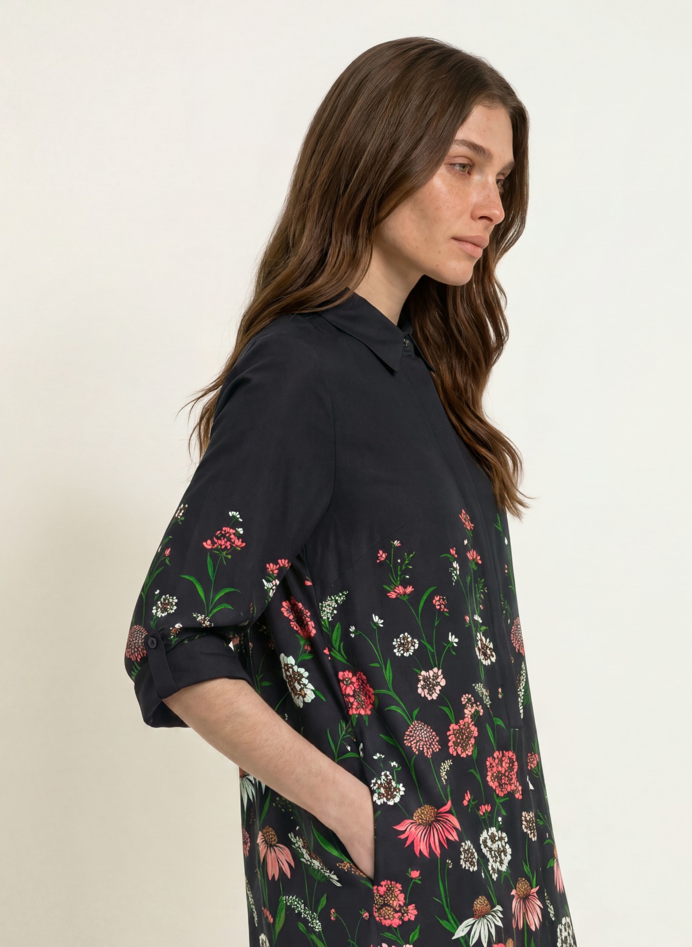 HOBBS Robe chemise MARCI à manches 3/4: NOIR / ROSE / GROEN