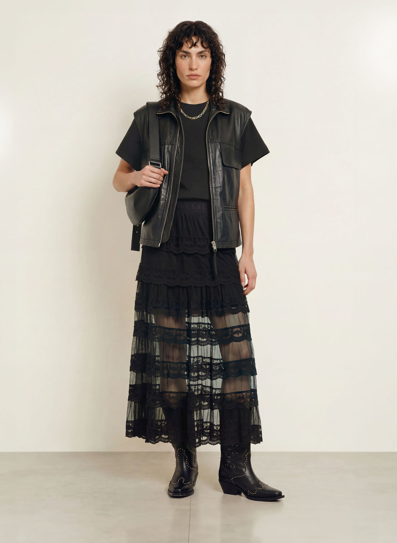 ALLSAINTS Mesh-rok MAGGIE met kant: ZWART