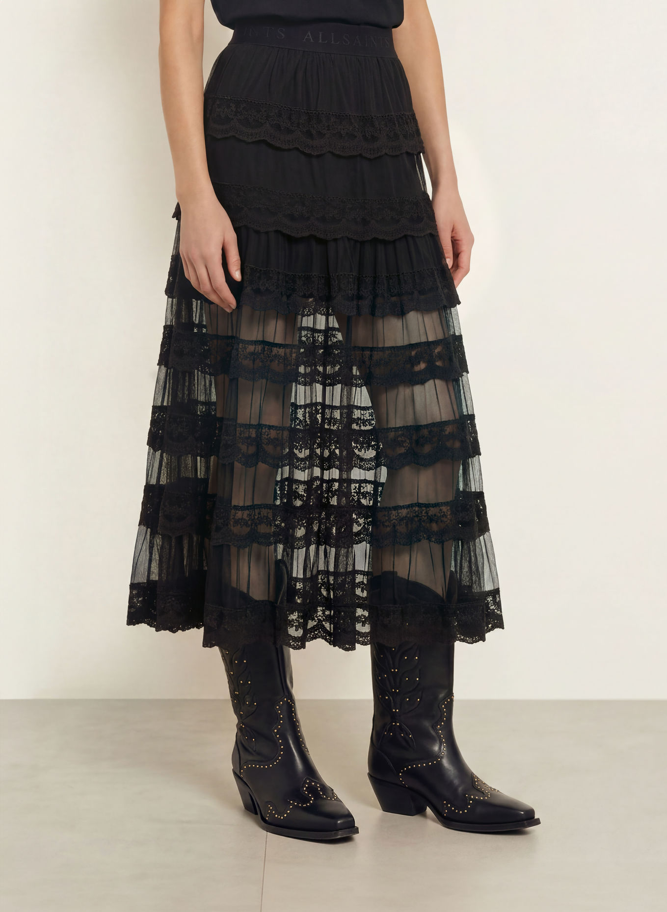 ALLSAINTS Mesh-rok MAGGIE met kant: ZWART