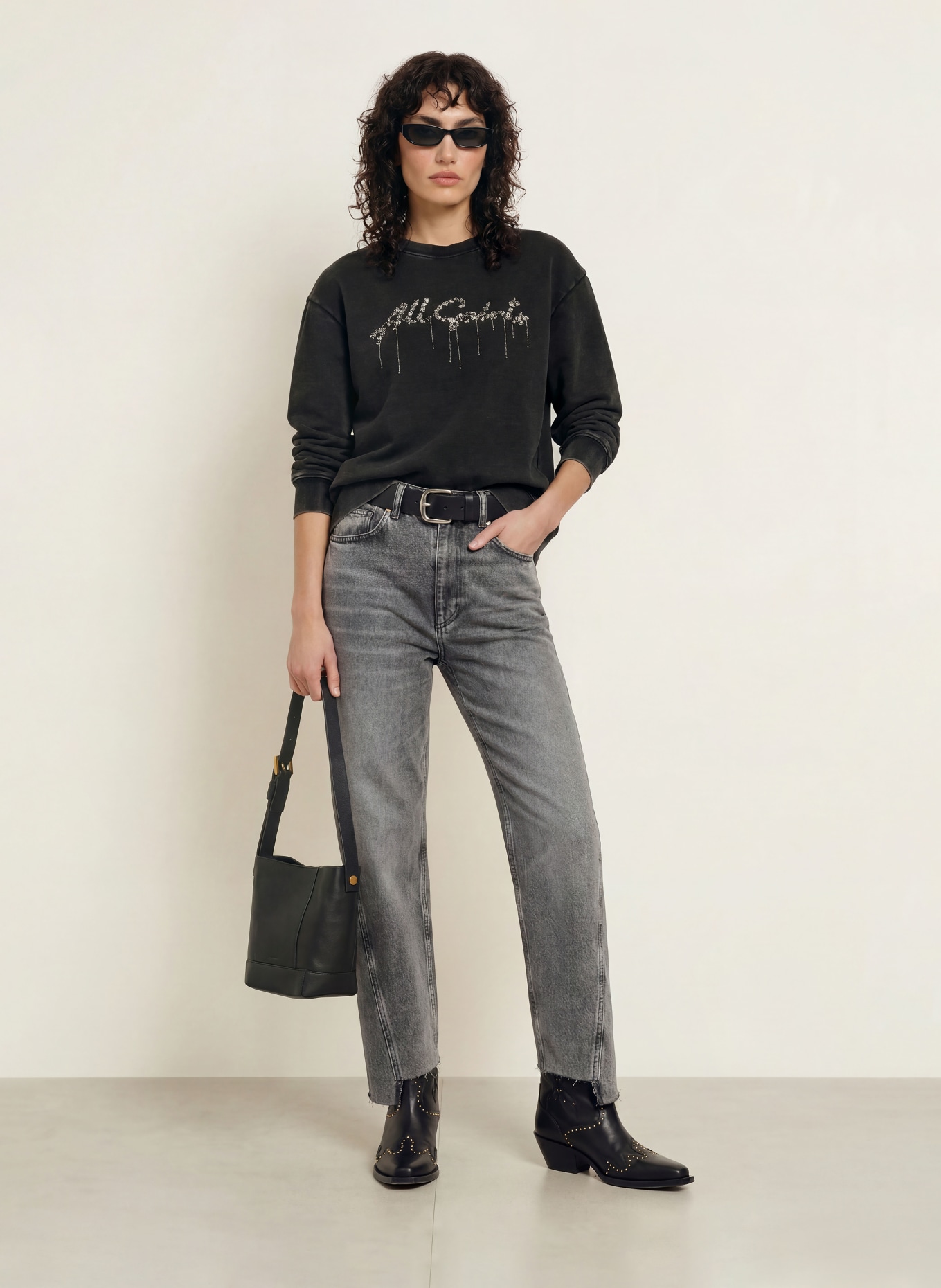 ALLSAINTS PIPPA Sweatshirt with Rhinestones and Sequins: BLACK / SILVER
