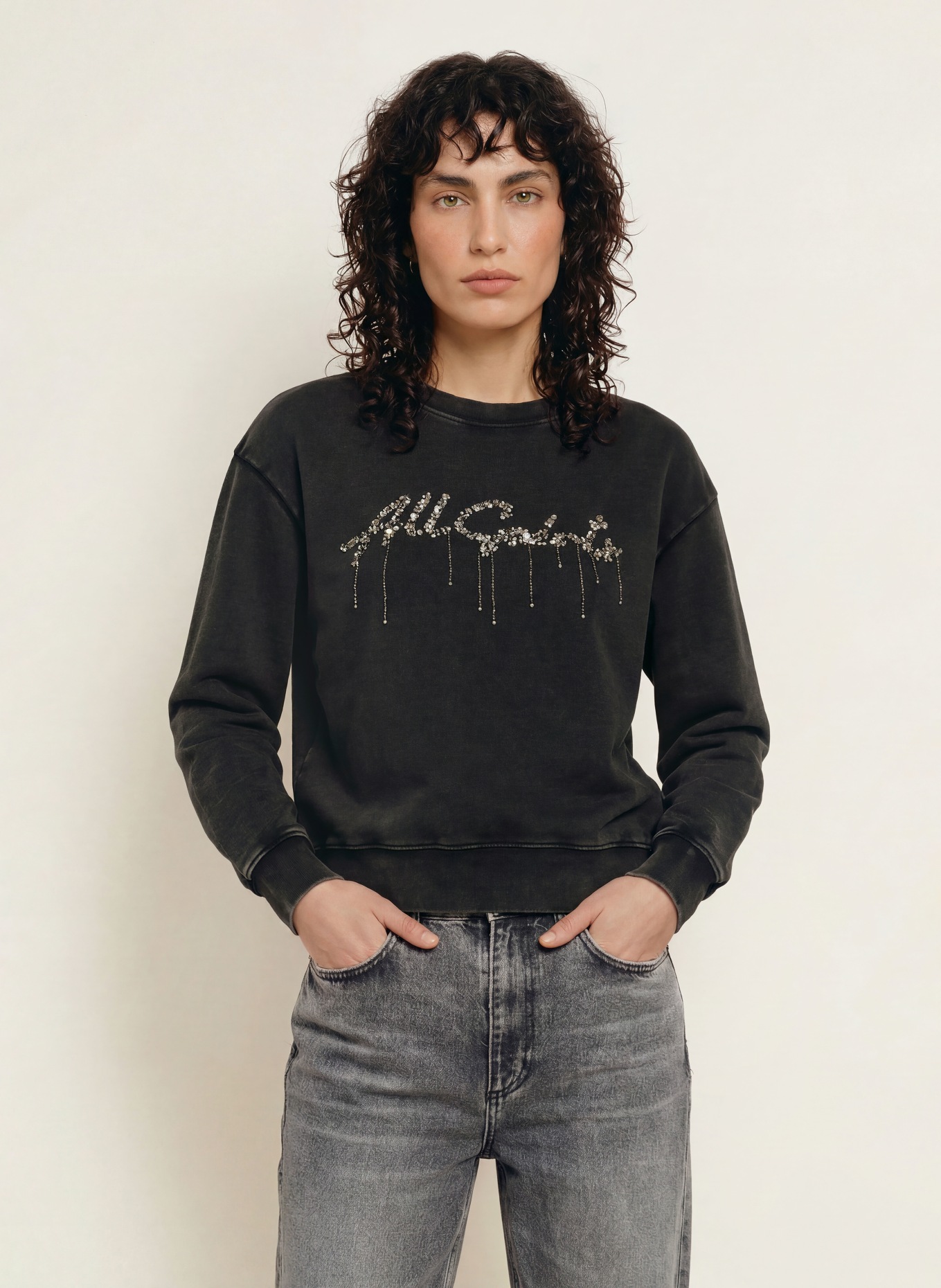 ALLSAINTS PIPPA Sweatshirt with Rhinestones and Sequins: BLACK / SILVER