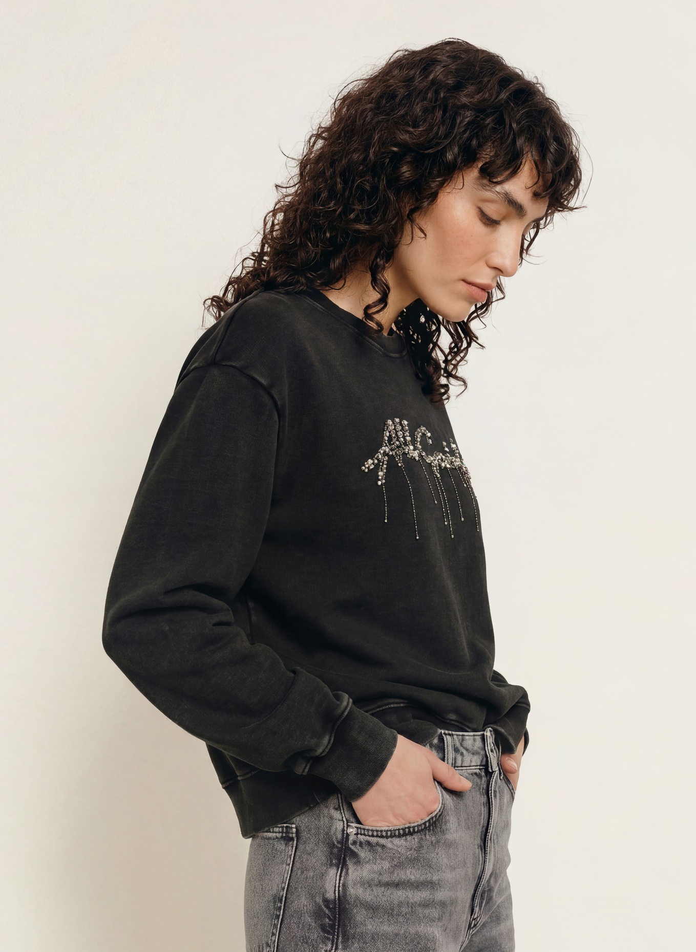 ALLSAINTS PIPPA Sweatshirt with Rhinestones and Sequins: BLACK / SILVER