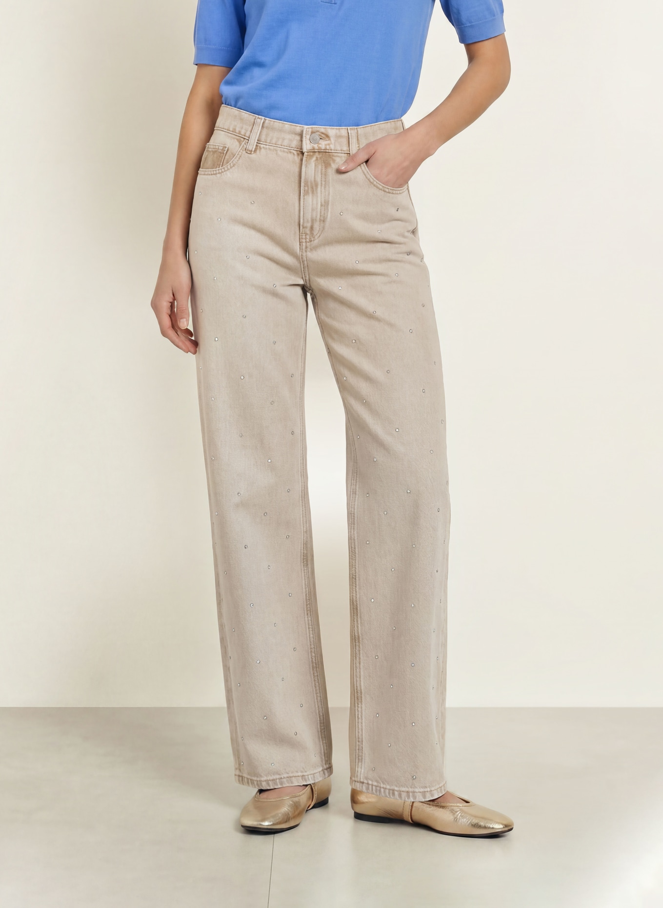 maje Jeansy wide leg z kamyczkami ozdobnymi: 0130 BEIGE