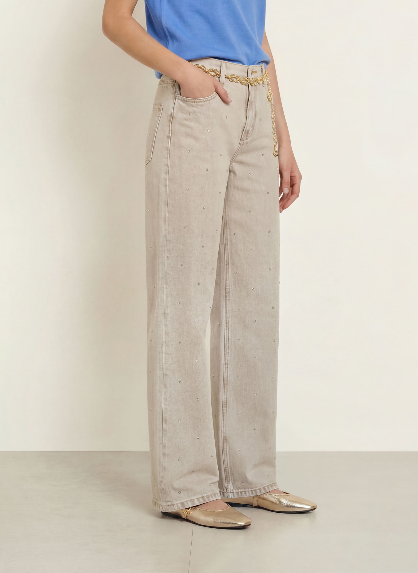 maje Jeansy wide leg z kamyczkami ozdobnymi: 0130 BEIGE