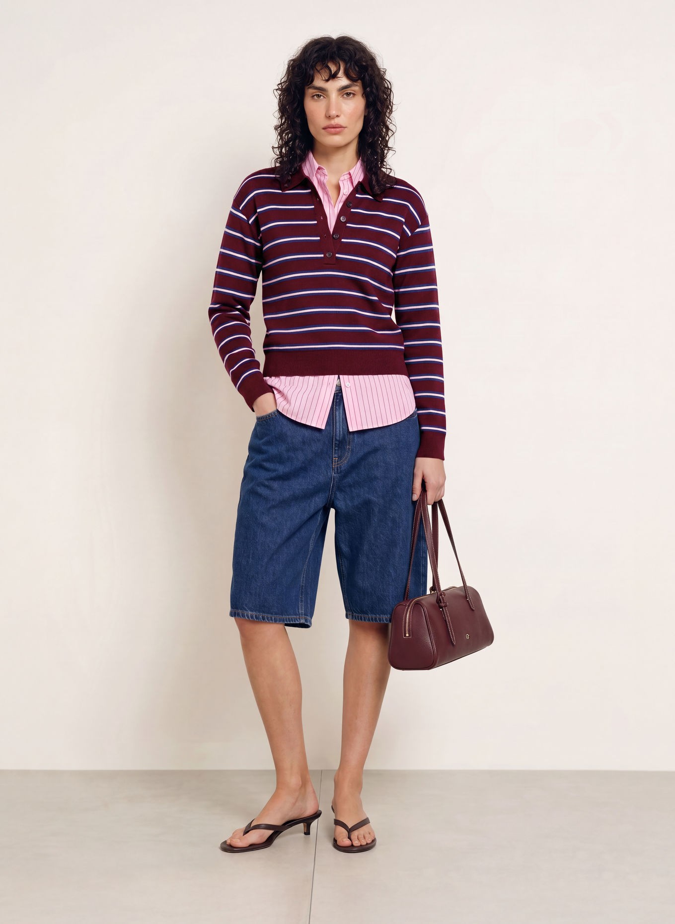ARKET Strick-Poloshirt: DUNKELROT / HELLROSA / BLAU