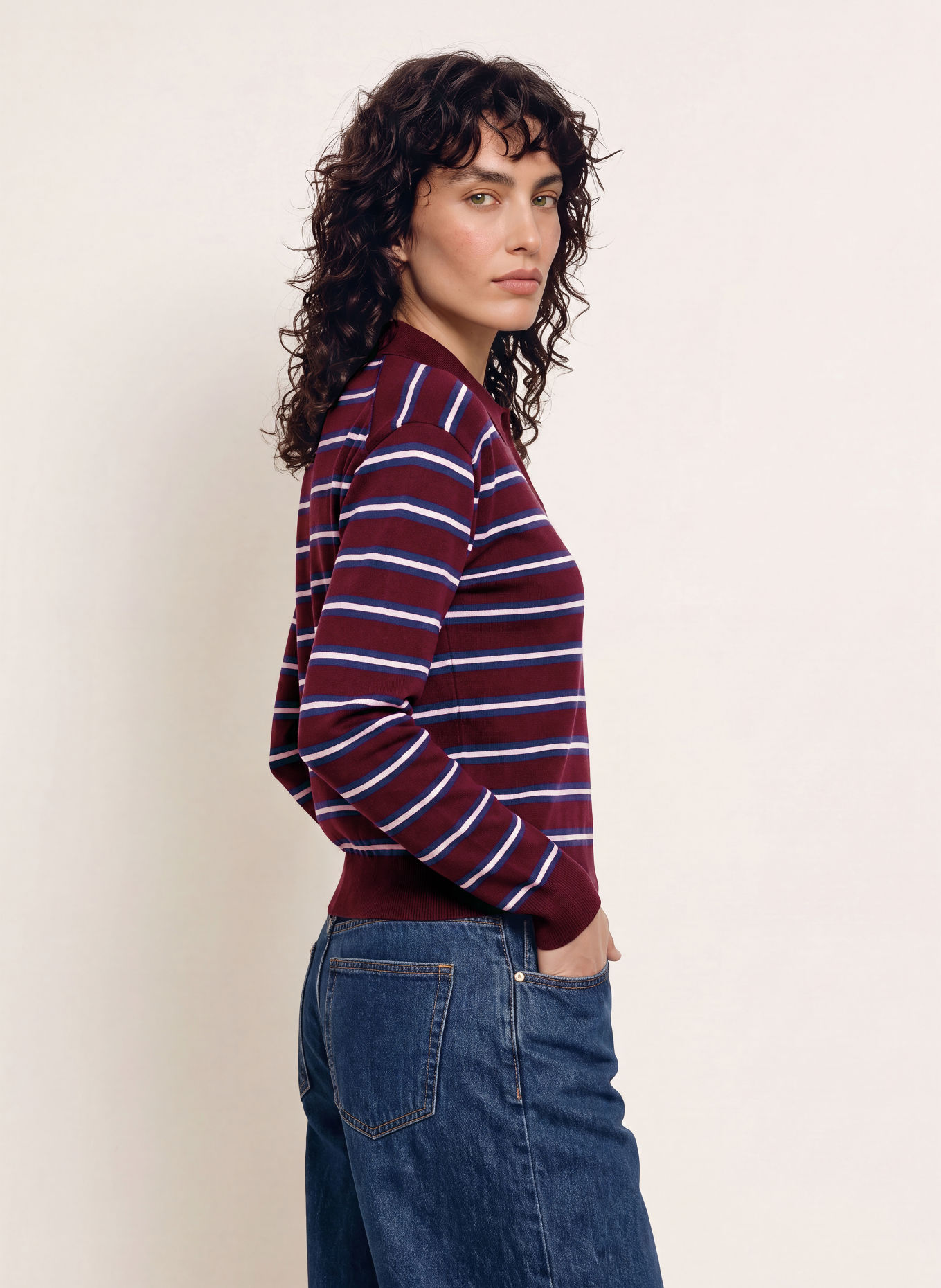 ARKET Strick-Poloshirt: DUNKELROT / HELLROSA / BLAU
