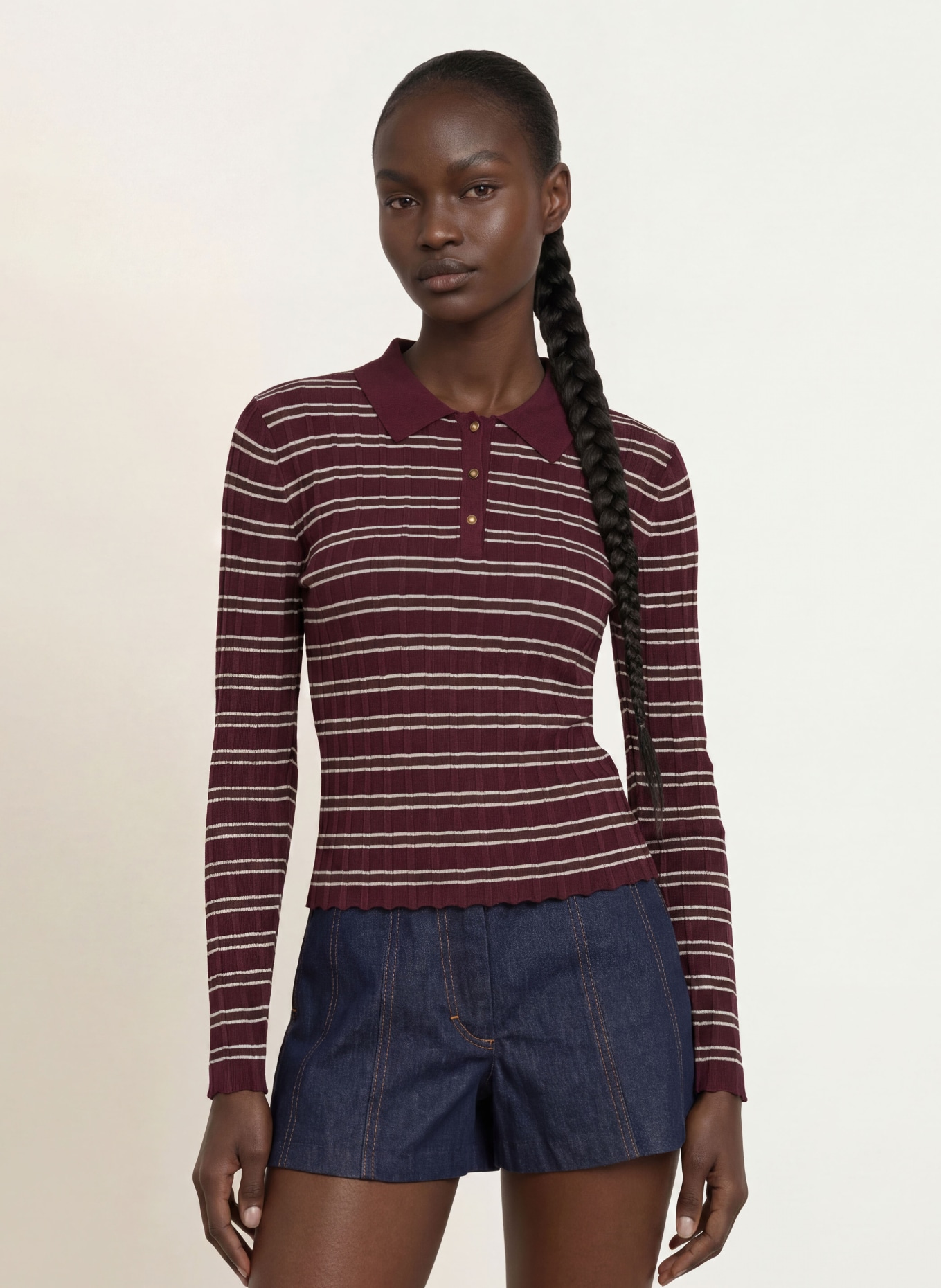 CLAUDIE PIERLOT Strick-Poloshirt: DUNKELROT / DUNKELBRAUN / ECRU