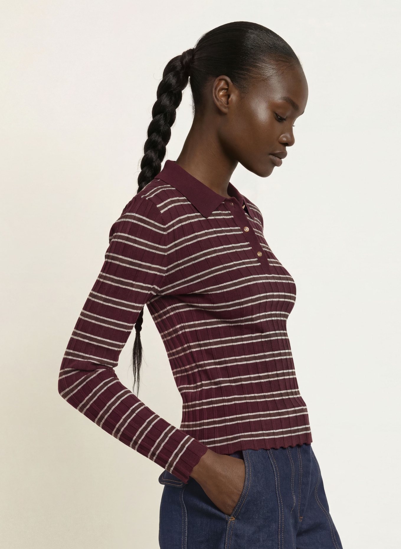 CLAUDIE PIERLOT Strick-Poloshirt: DUNKELROT / DUNKELBRAUN / ECRU