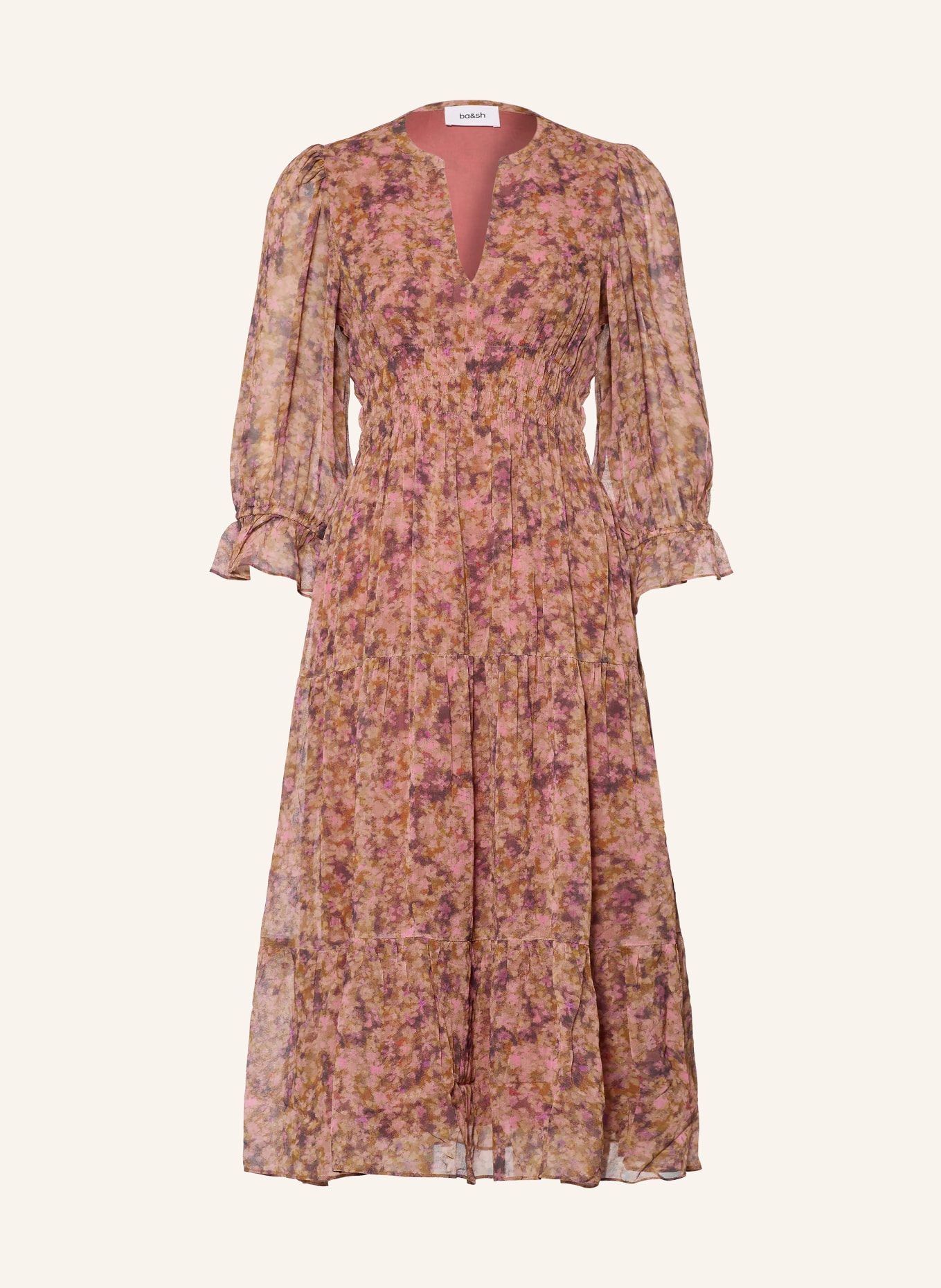 ba&sh Kleid AEMA mit 3/4-Arm und Rüschen: COGNAC / DUNKELBRAUN / PINK