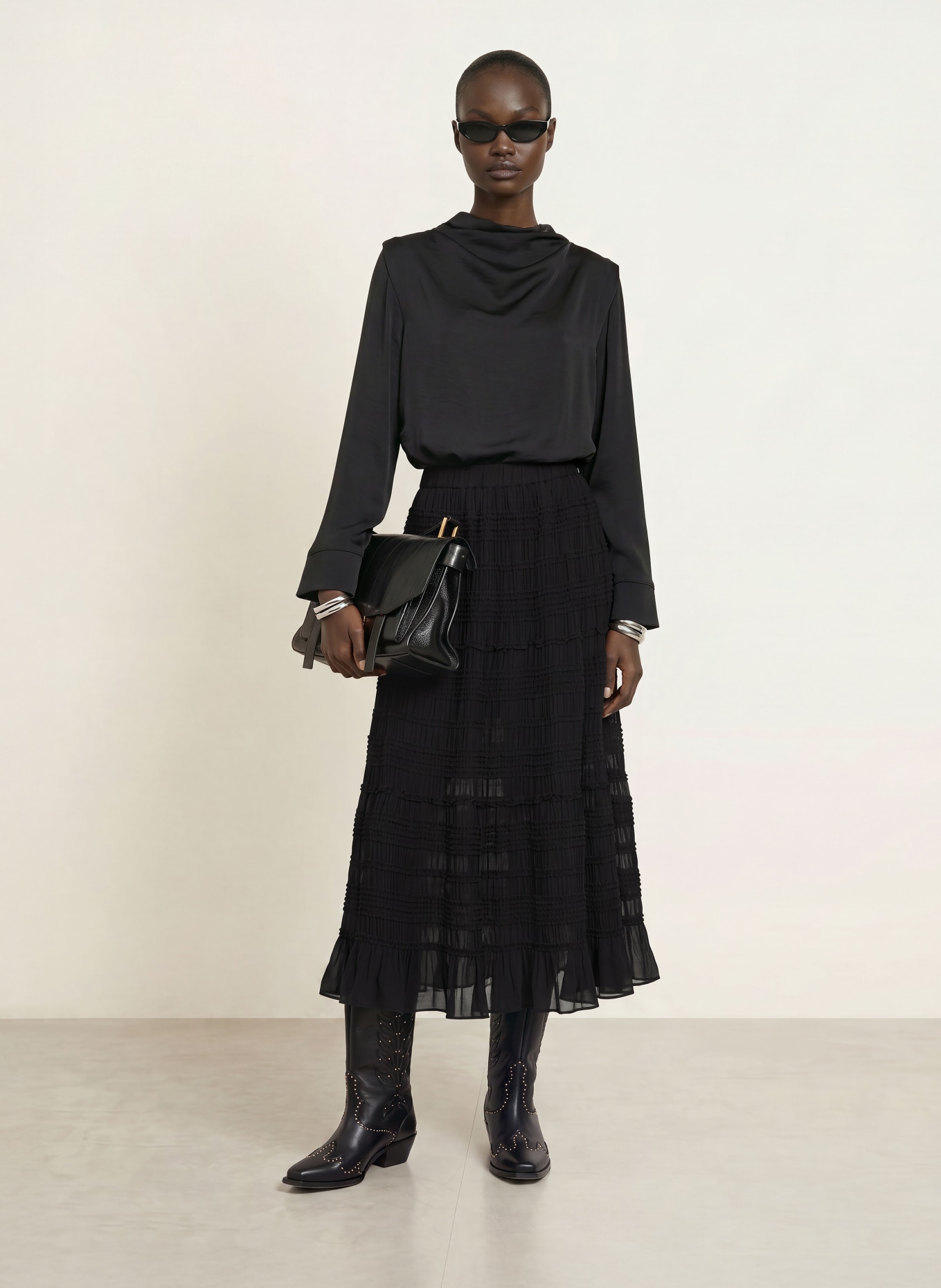 ALLSAINTS LOTUS-rok met ruches: ZWART