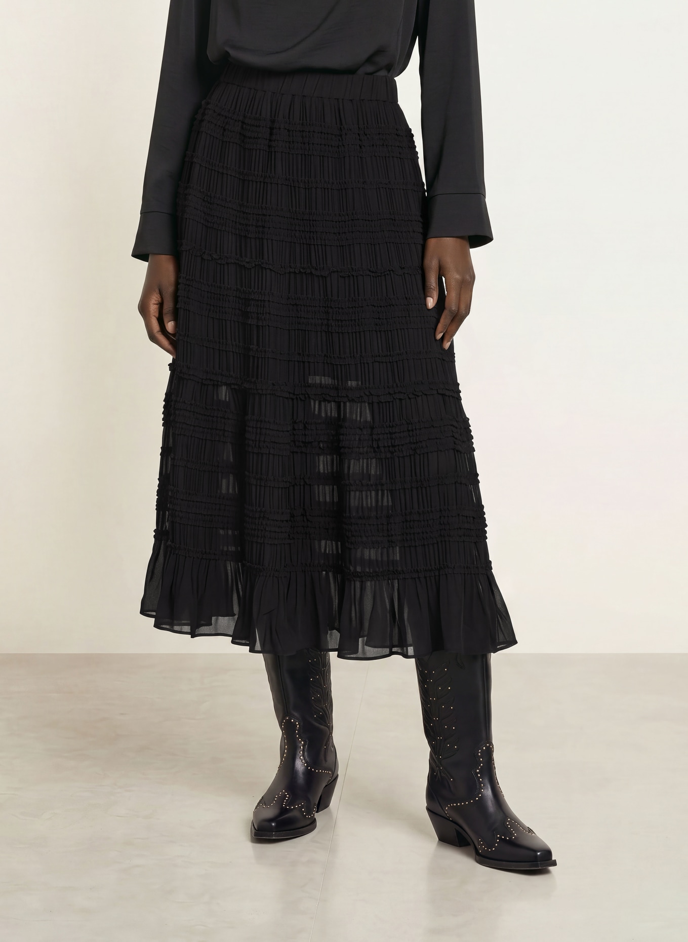 ALLSAINTS LOTUS-rok met ruches: ZWART