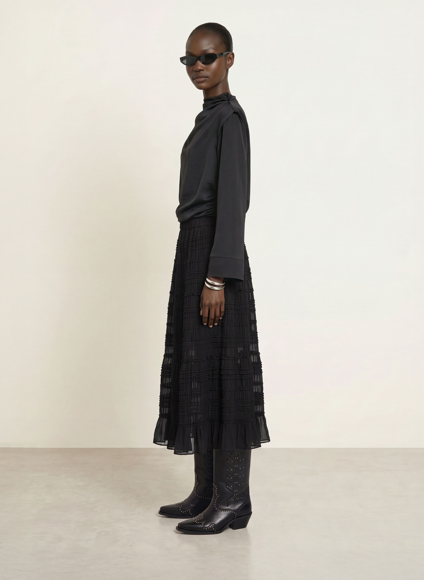 ALLSAINTS LOTUS-rok met ruches: ZWART