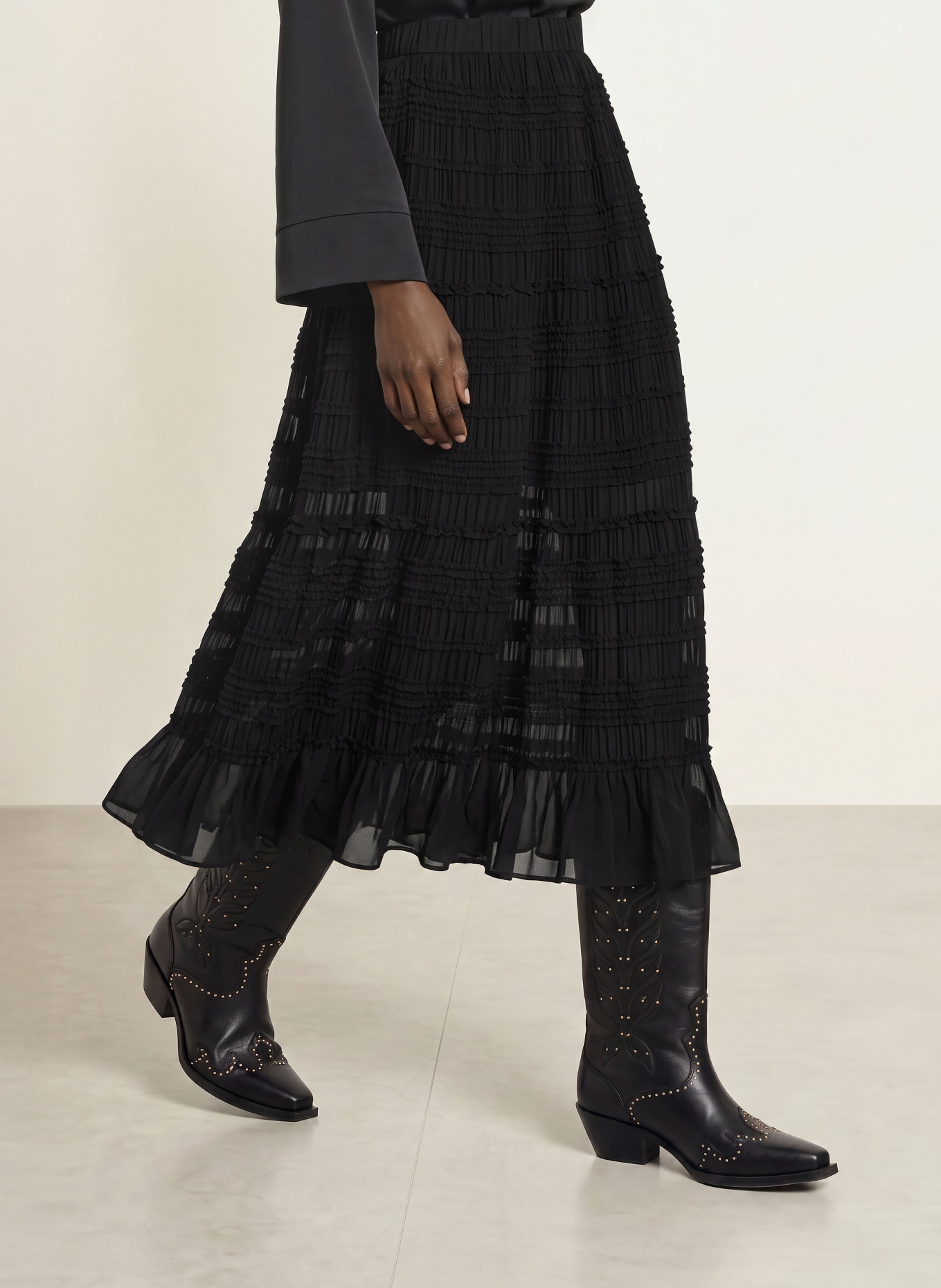 ALLSAINTS LOTUS-rok met ruches: ZWART