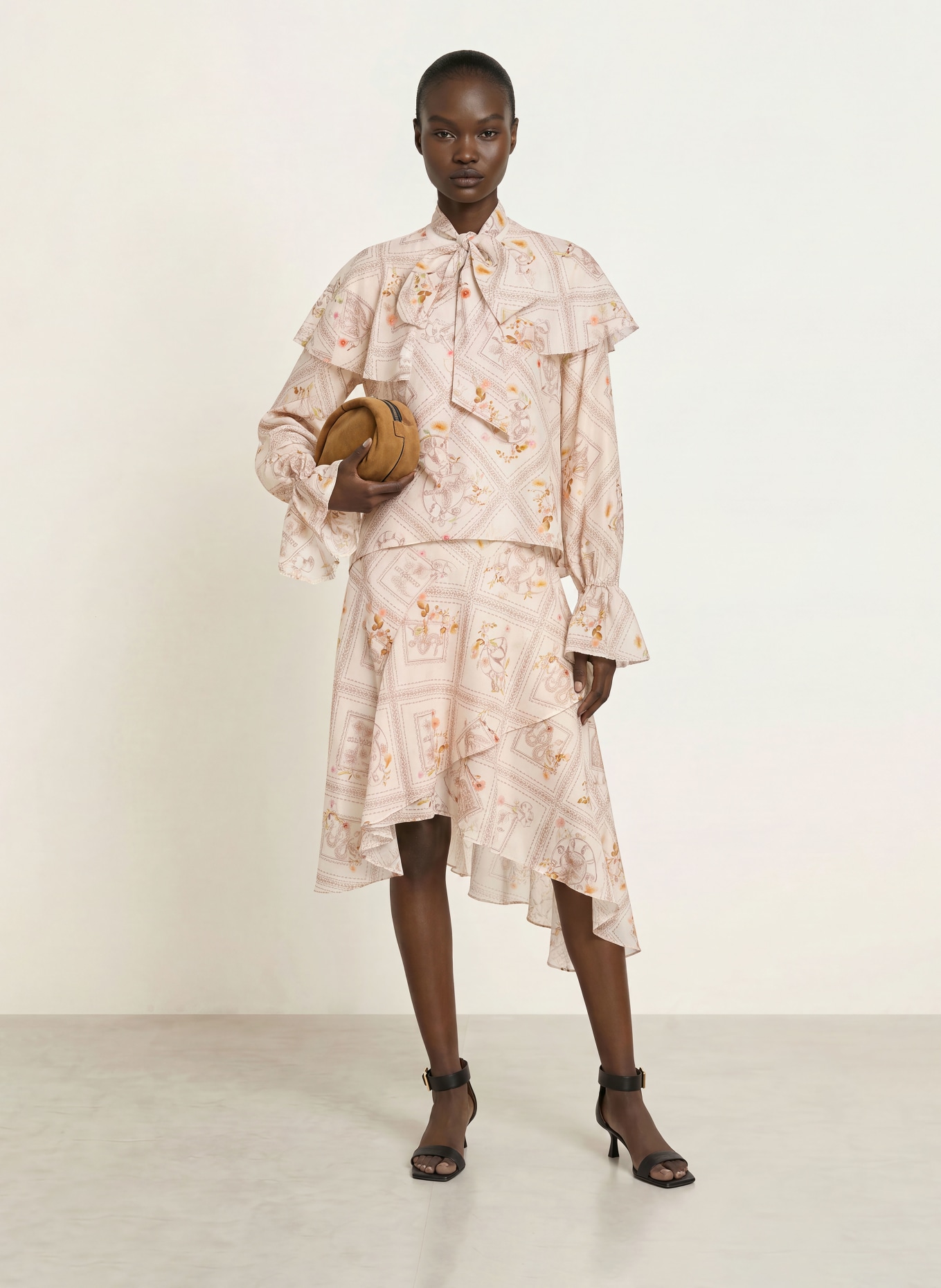 ALLSAINTS MANOY-rok met volants: ECRU / BRUIN / LICHTGROEN