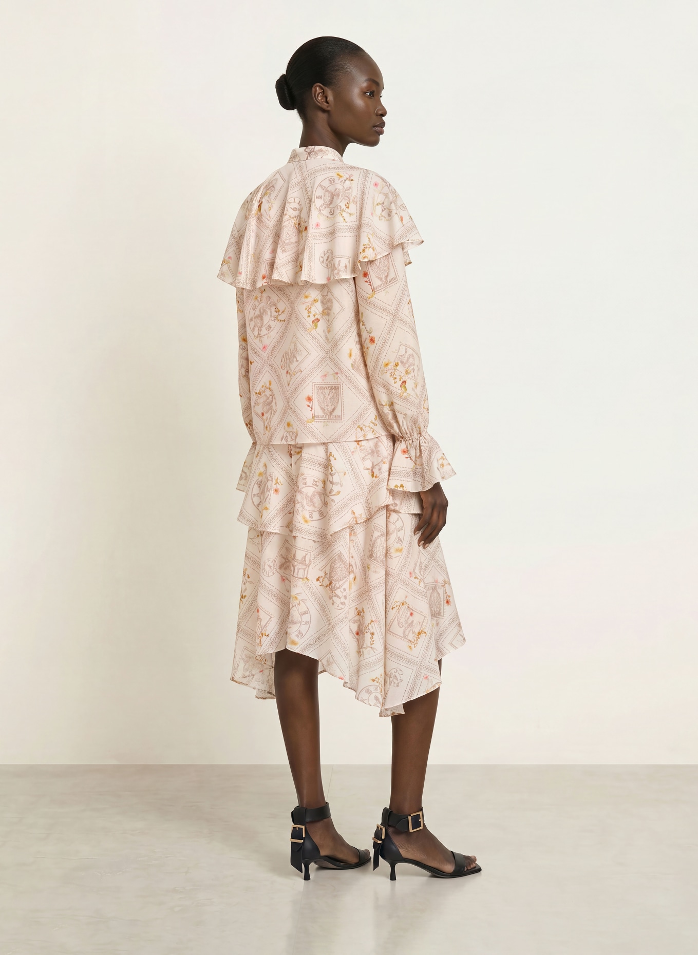 ALLSAINTS MANOY-rok met volants: ECRU / BRUIN / LICHTGROEN