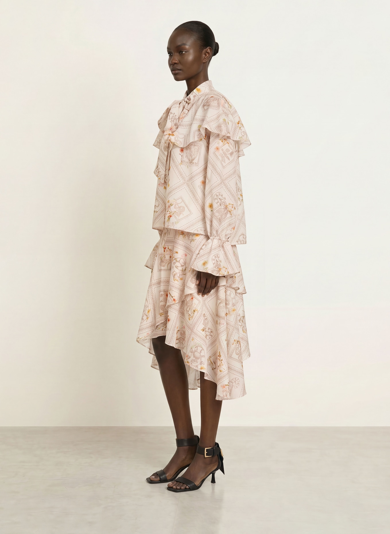 ALLSAINTS MANOY-rok met volants: ECRU / BRUIN / LICHTGROEN
