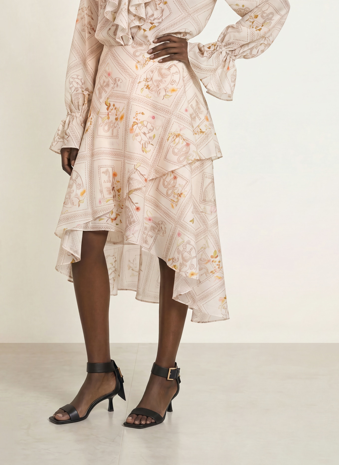 ALLSAINTS MANOY-rok met volants: ECRU / BRUIN / LICHTGROEN