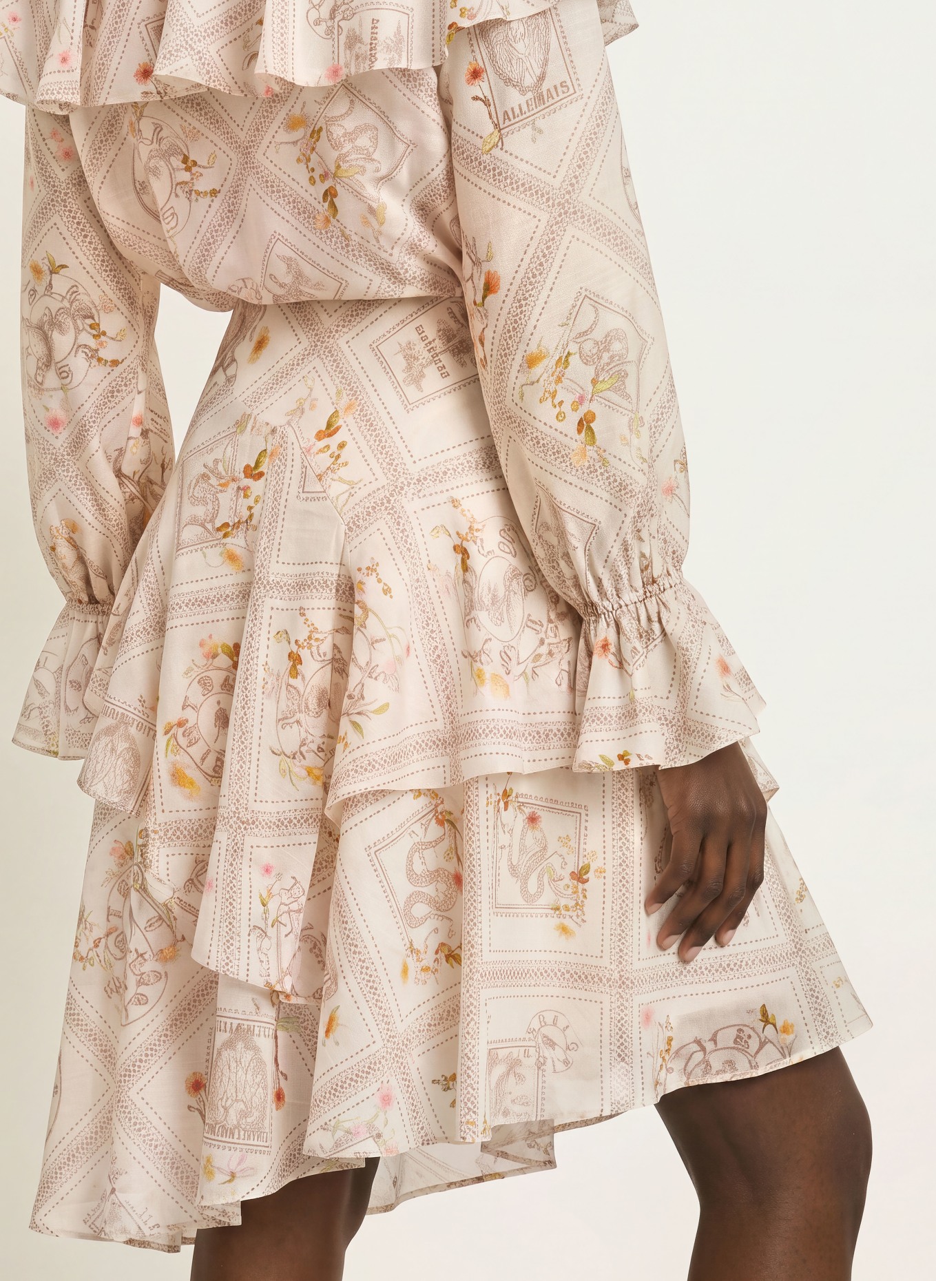 ALLSAINTS MANOY-rok met volants: ECRU / BRUIN / LICHTGROEN