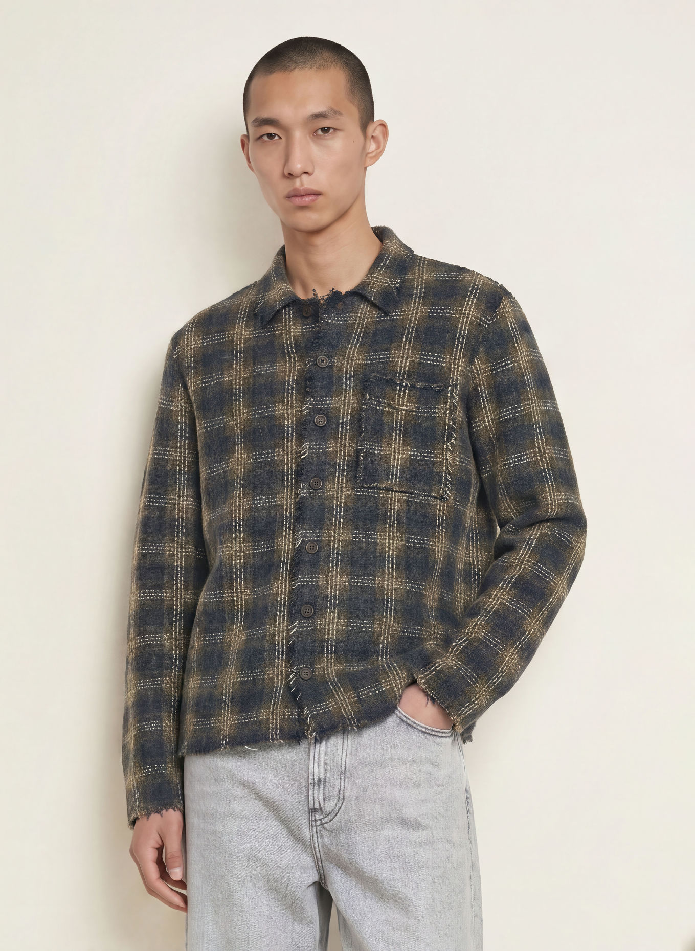 ALLSAINTS Strickhemd MENARD Regular Fit: DUNKELBLAU / ECRU / KHAKI