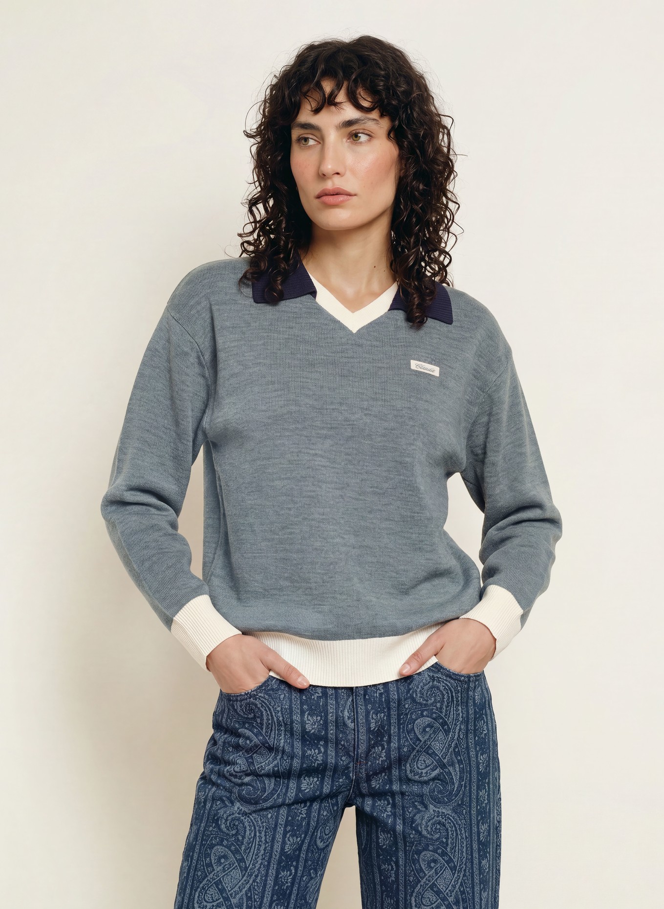 CLAUDIE PIERLOT Sweter: SZARONIEBIESKI / GRANATOWY / BIAŁY