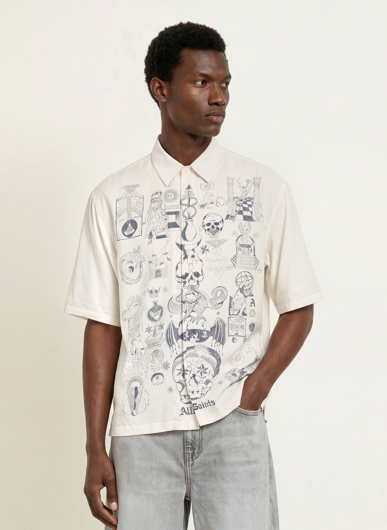 ALLSAINTS Kurzarm-Hemd IGNIS Oversized Fit: ECRU / DUNKELGRAU