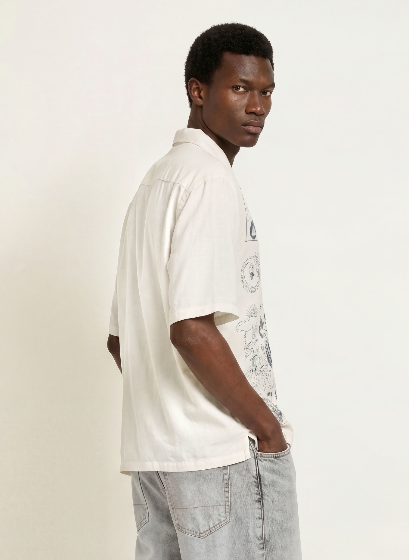 ALLSAINTS Kurzarm-Hemd IGNIS Oversized Fit: ECRU / DUNKELGRAU