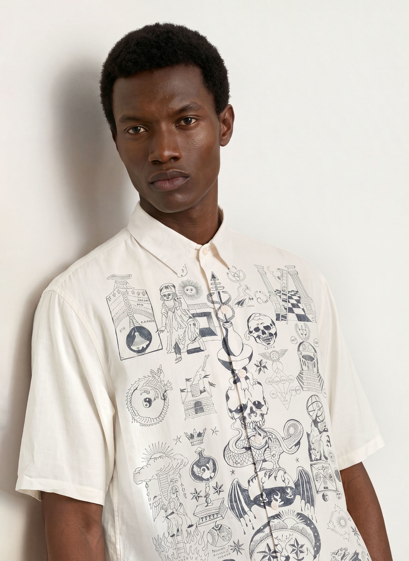 ALLSAINTS Kurzarm-Hemd IGNIS Oversized Fit: ECRU / DUNKELGRAU