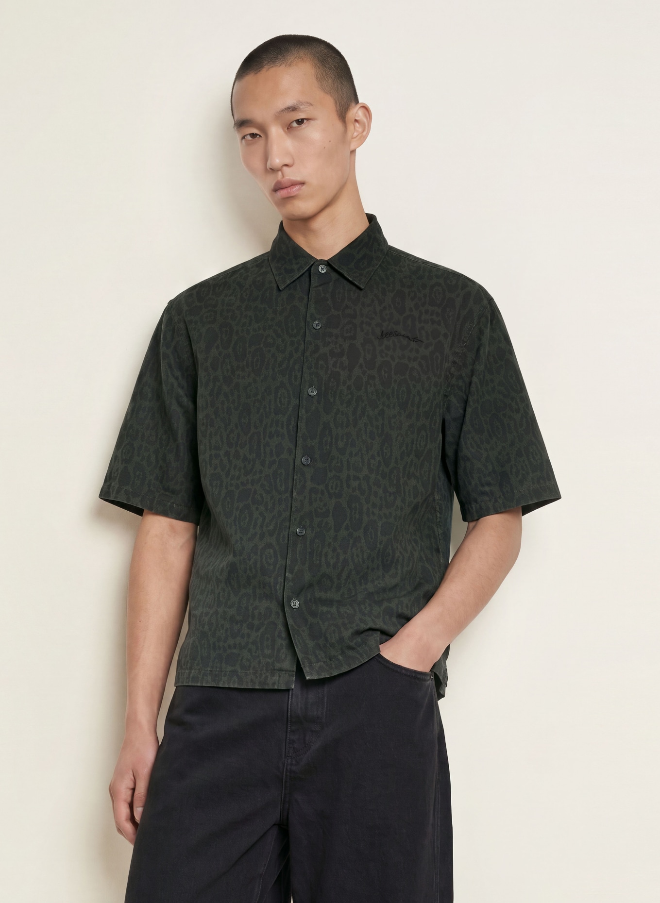 ALLSAINTS Kurzarm-Hemd LEOPARDO Oversized Fit: DUNKELGRÜN / SCHWARZ