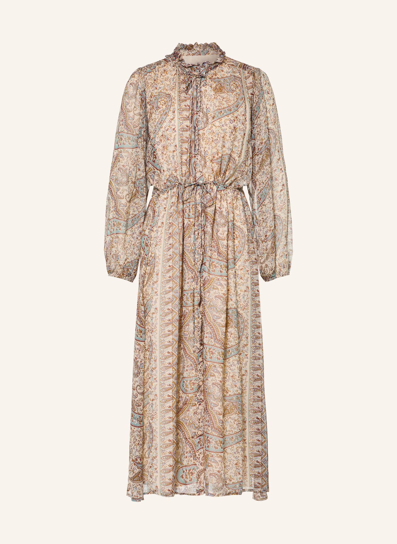 ba&sh Kleid CIAHARA mit Rüschen: TÜRKIS / BRAUN / CREME