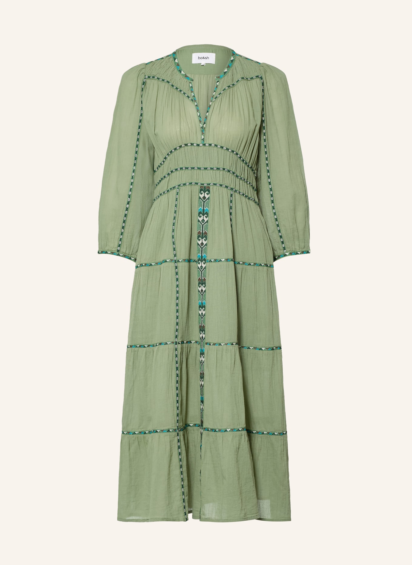 ba&sh Kleid PAHINA mit 3/4-Arm: GRÜN / DUNKELGRÜN / WEISS
