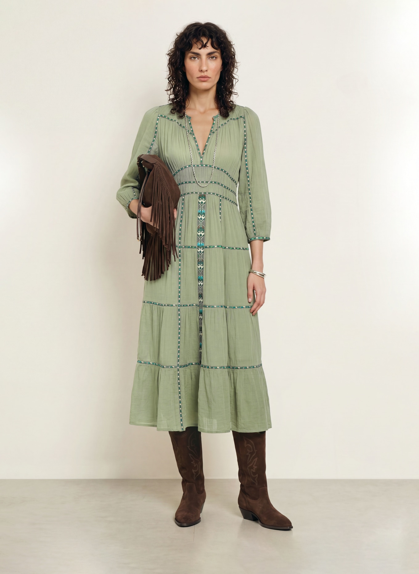 ba&sh Kleid PAHINA mit 3/4-Arm: GRÜN / DUNKELGRÜN / WEISS