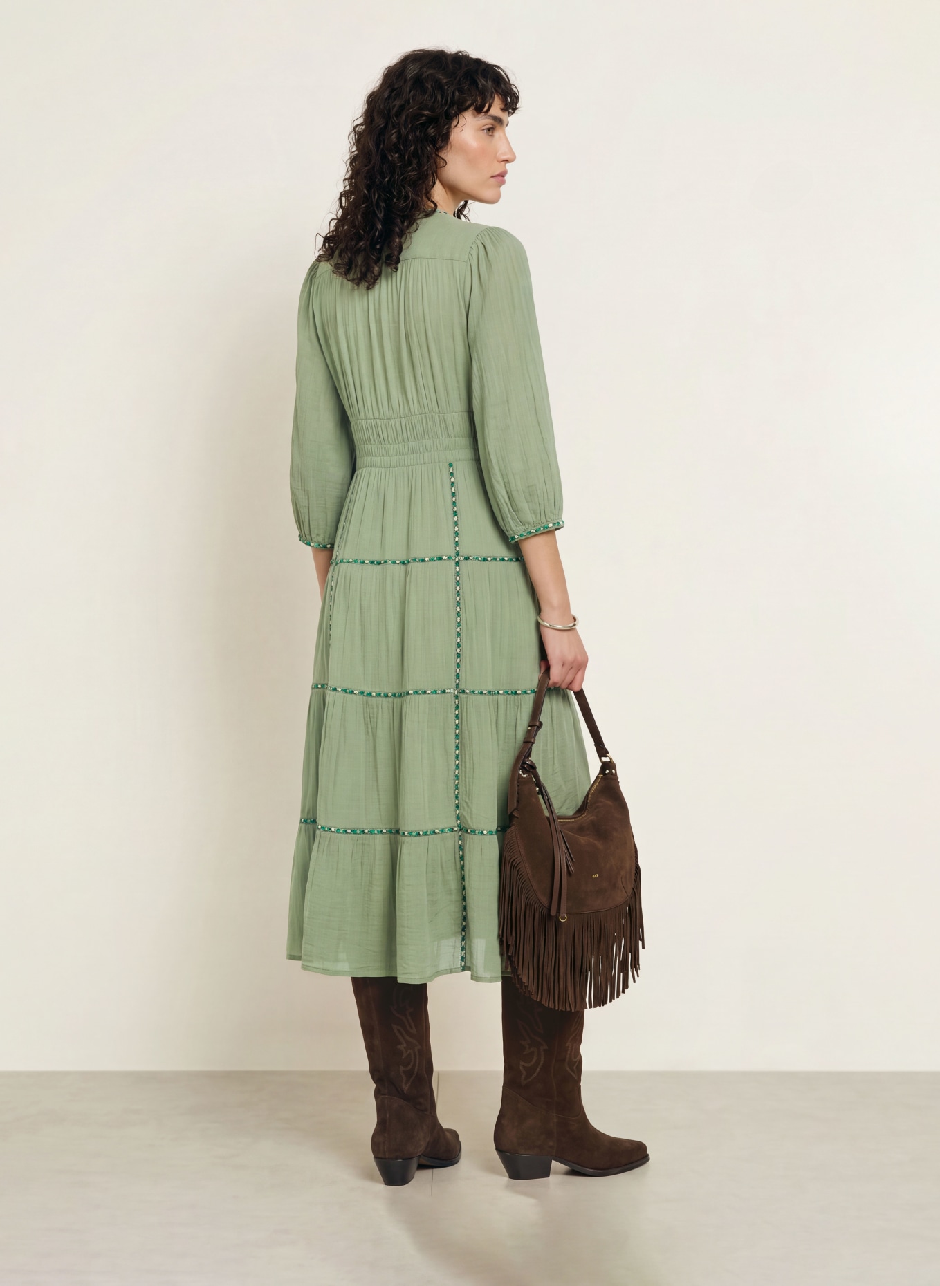 ba&sh Kleid PAHINA mit 3/4-Arm: GRÜN / DUNKELGRÜN / WEISS