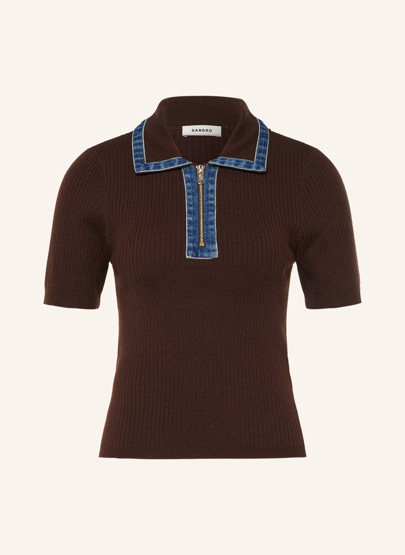 SANDRO Strick-Poloshirt: DUNKELBRAUN / BLAU