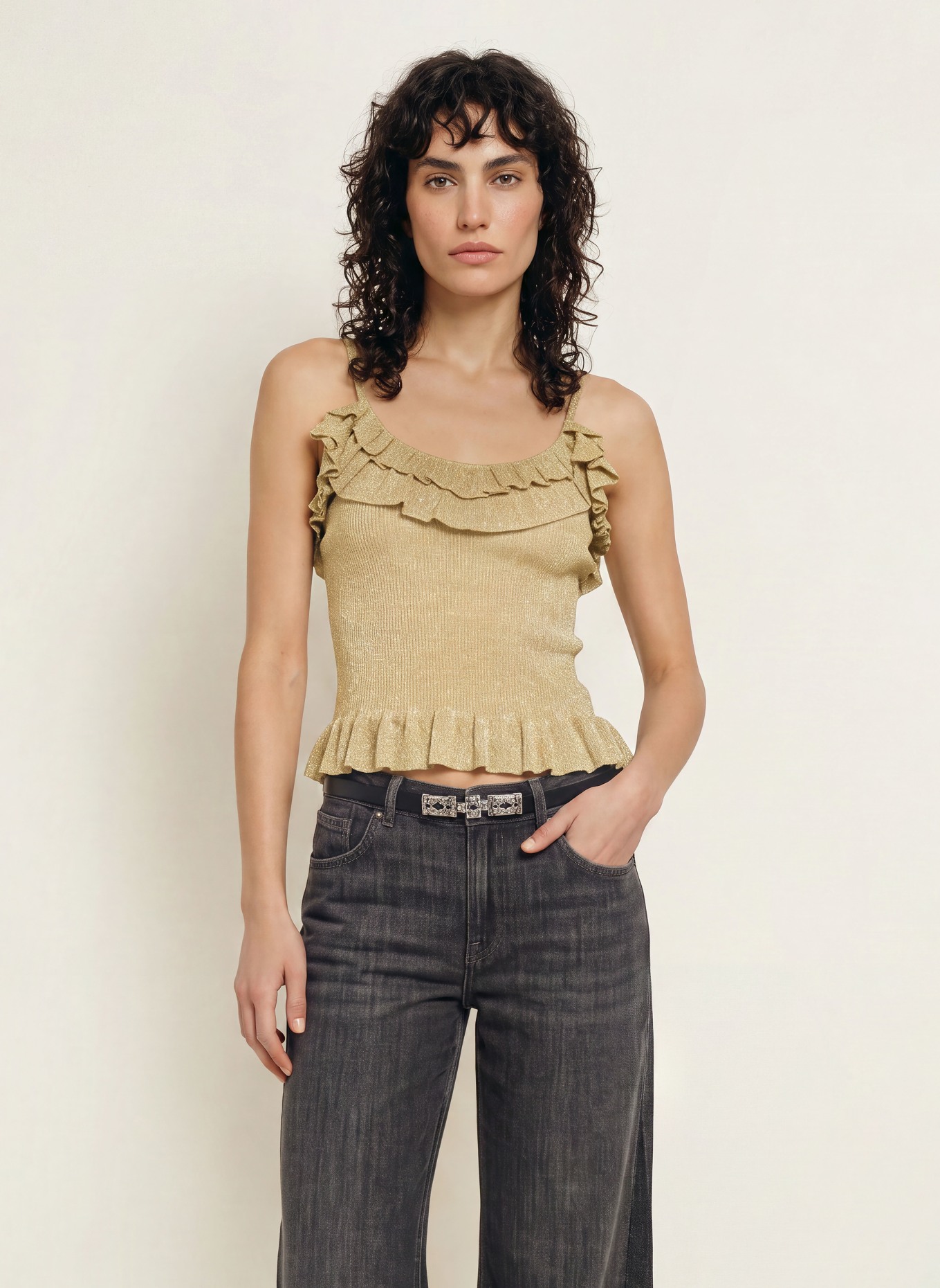 ba&sh Stricktop ZARIA mit Glitzergarn und Volants: GOLD