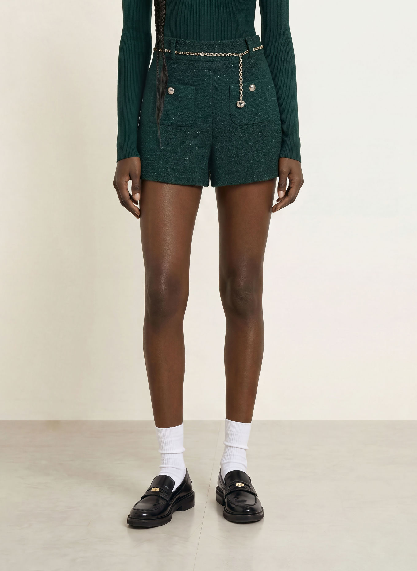maje Tweed-Shorts mit Glitzergarn: DUNKELGRÜN