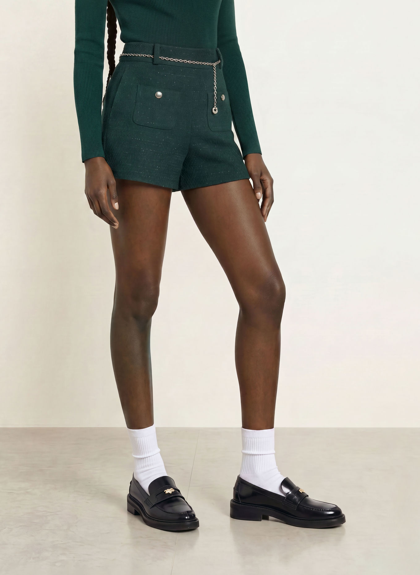 maje Tweed-Shorts mit Glitzergarn: DUNKELGRÜN