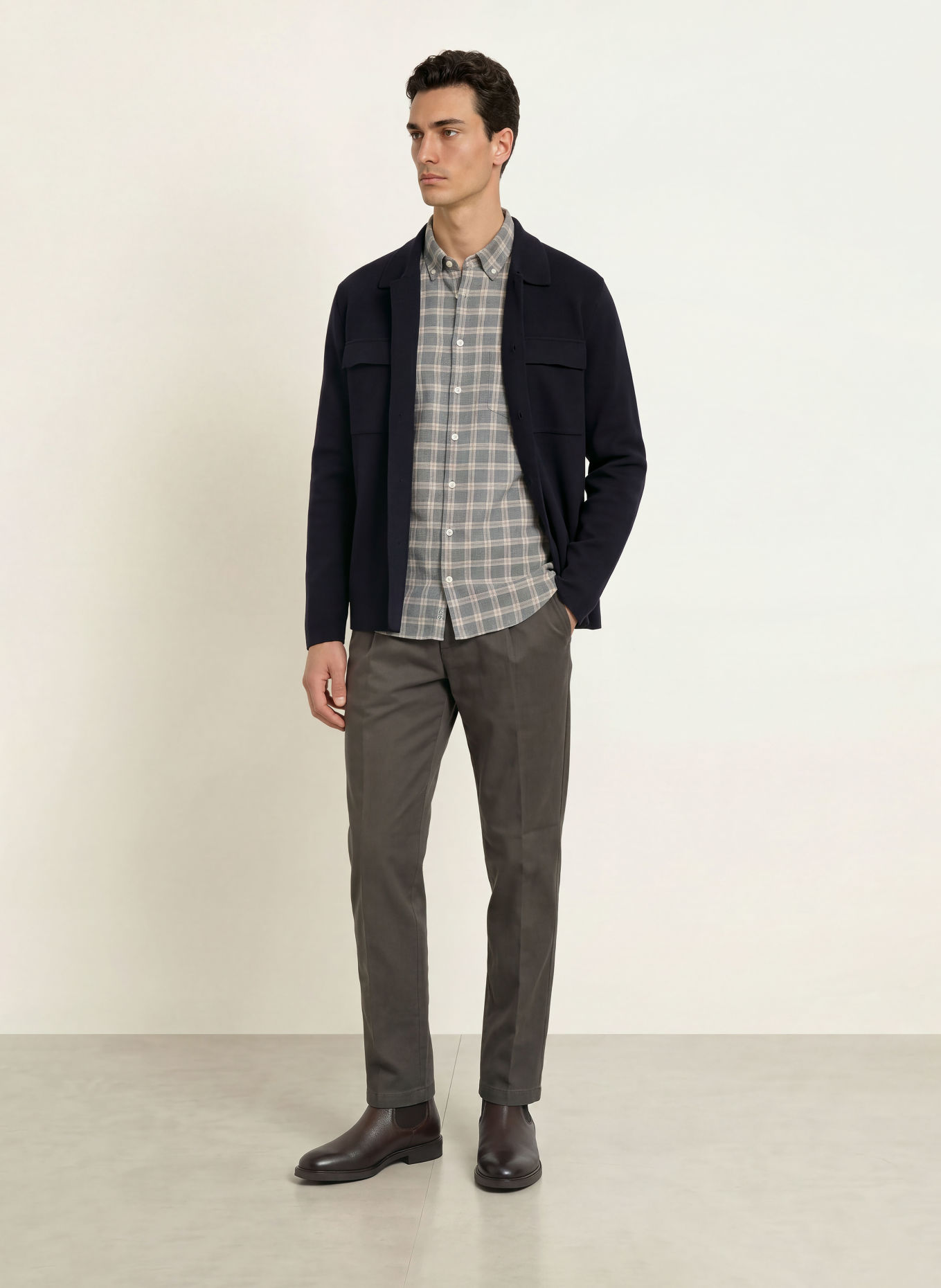 MAERZ MUENCHEN Modern-Fit Flannel Shirt: GRAY / BEIGE / BLUE GRAY