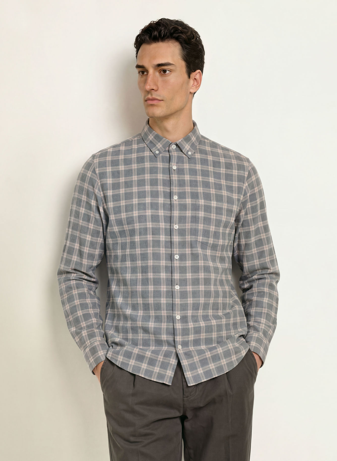 MAERZ MUENCHEN Modern-Fit Flannel Shirt: GRAY / BEIGE / BLUE GRAY
