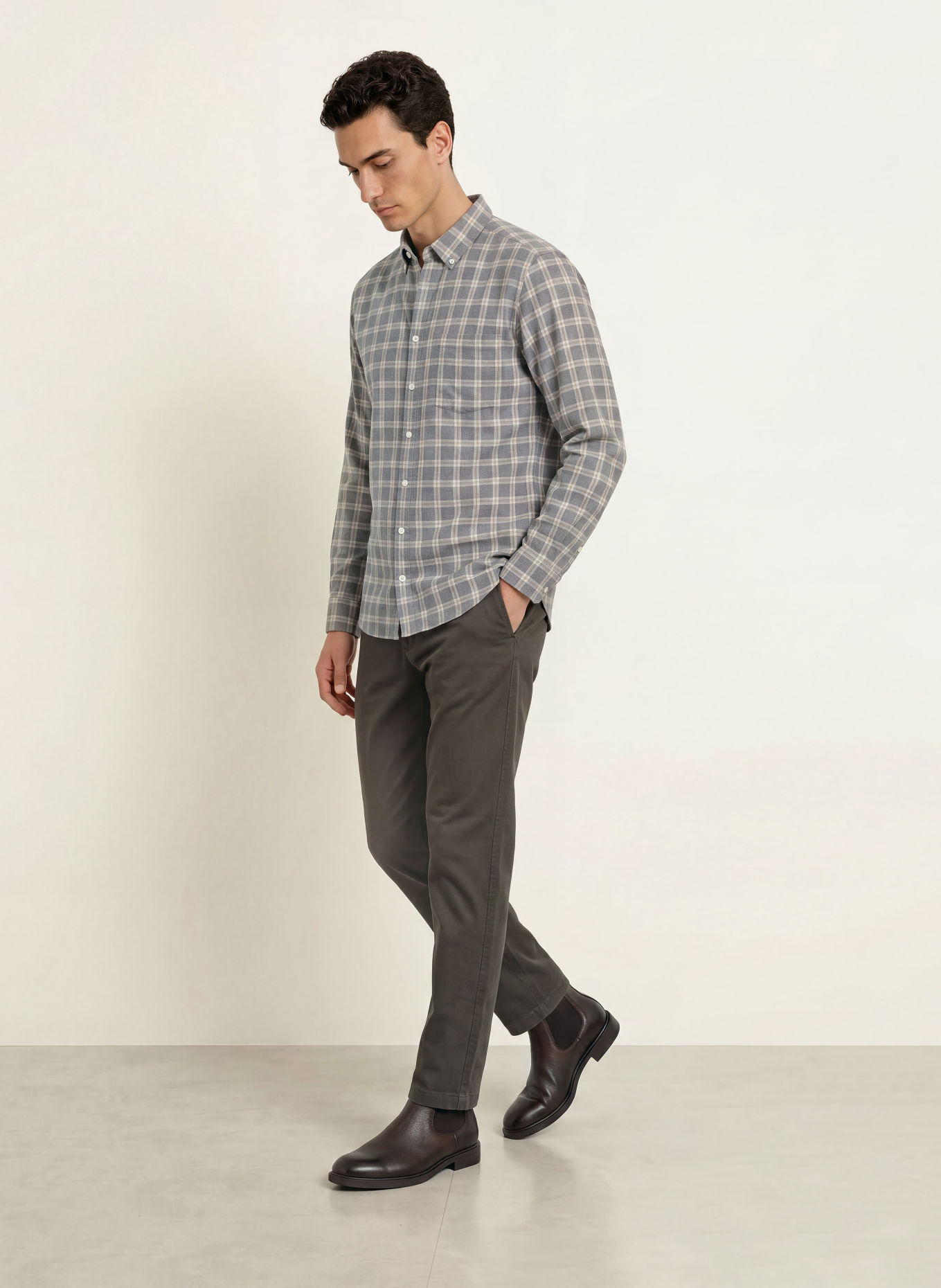 MAERZ MUENCHEN Modern-Fit Flannel Shirt: GRAY / BEIGE / BLUE GRAY