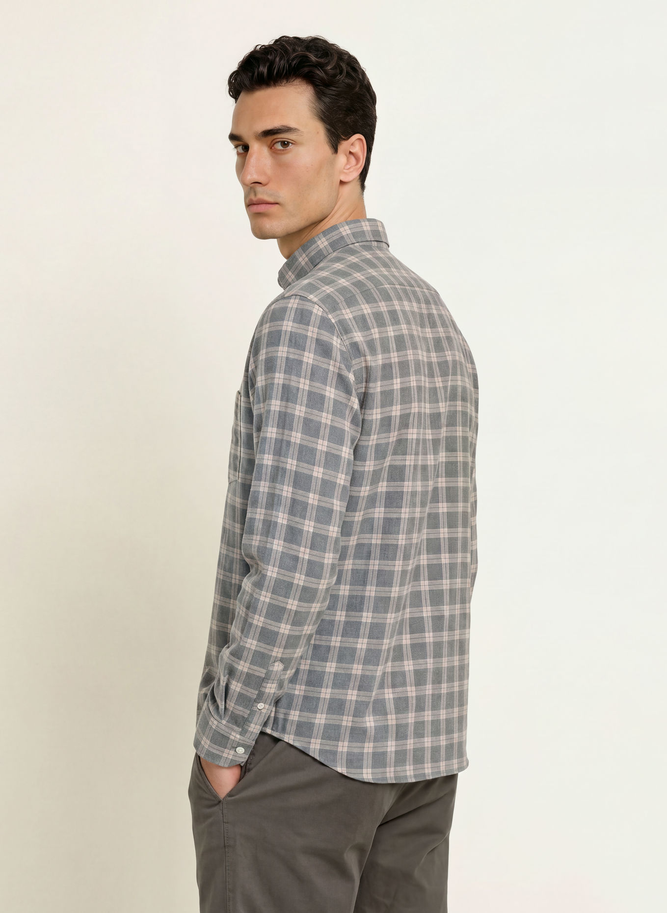 MAERZ MUENCHEN Modern-Fit Flannel Shirt: GRAY / BEIGE / BLUE GRAY
