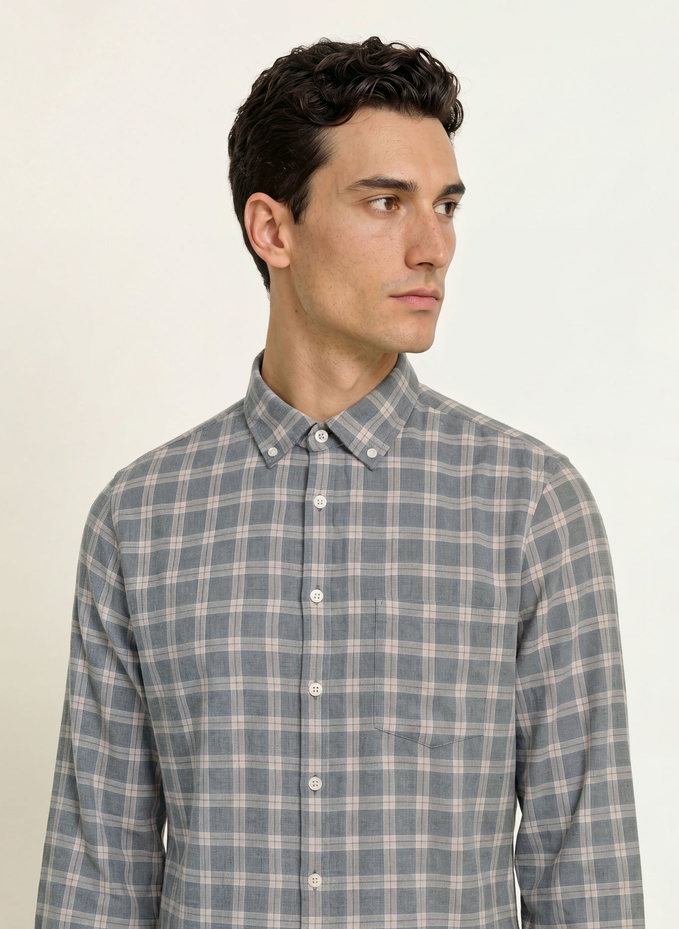 MAERZ MUENCHEN Modern-Fit Flannel Shirt: GRAY / BEIGE / BLUE GRAY